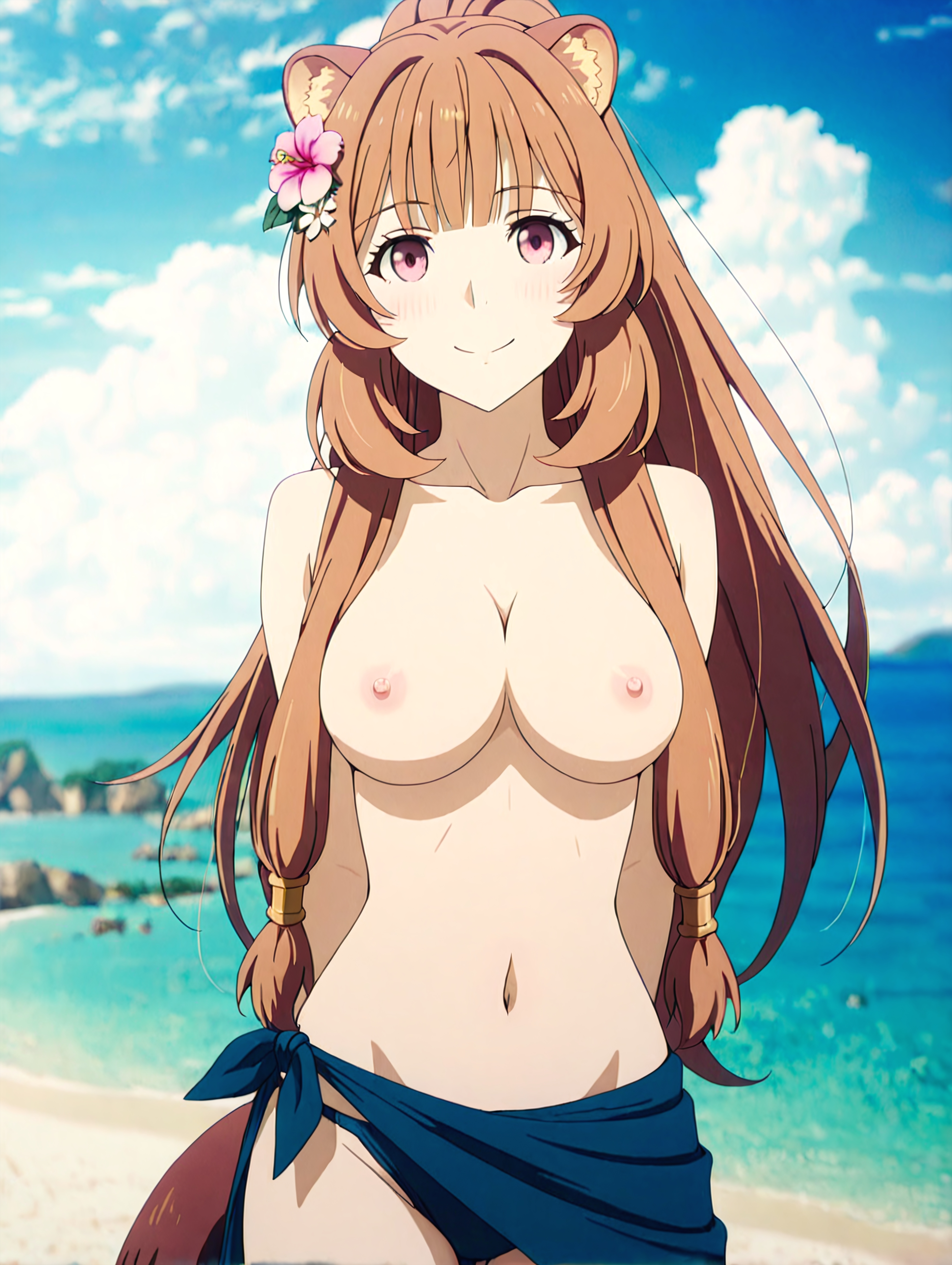 1girls, ai generated, beach, breasts, brown hair, long hair, nipples, pink eyes, raphtalia, tanuki ears, tanuki girl, tanuki tail, tate no yuusha no nariagari, topless, topless female