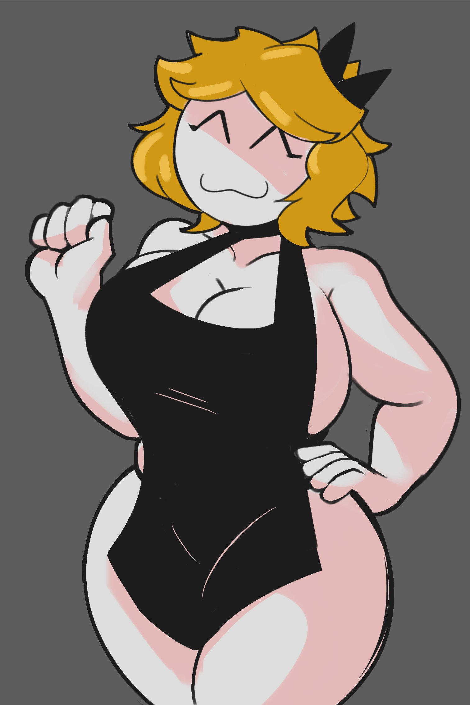 ^w^, 1girls, 2024, 2d, 2d (artwork), apron, apron only, big breasts, black apron, blonde female, blonde hair, blonde-haired female, breasts, color, colored, derpina, digital drawing (artwork), digital media (artwork), female, female only, front view, functionally nude, happy, happy expression, happy female, head accessory, mostly nude, partially clothed, short hair, simple background, smile, solo, solo female, srrealleaf, thick thighs, thighs, white body, white skin, wide hipped female, wide hips