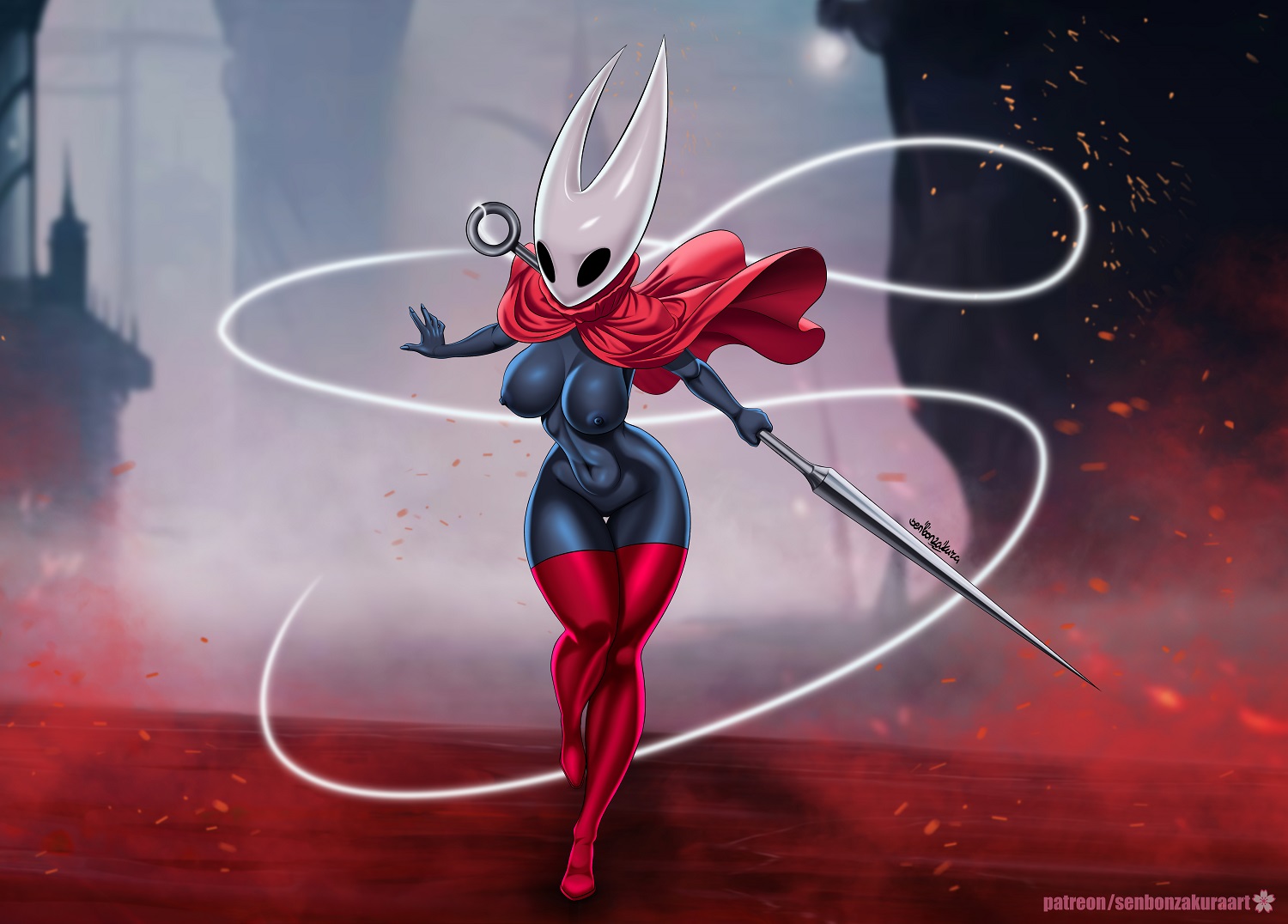 1girls, alluring, background thighs thighs, big breasts, big eyes, big thighs, black bodysuit, black eyes, breasts, breasts exposed, breasts out, calves, cloak, dark skin, dark-skinned female, enticing, exposed breasts, female, female focus, female only, fit, fit female, girl solo, helmet, hollow knight, hollow knight (franchise), hollow knight: silksong, hornet (hollow knight), horns, knight, legs, mask, masked, masked female, nipples, no nipples, nude breasts, only girl, only woman, posing, senbonzakuraart, slim waist, solo, solo female, solo focus, solo girl, solo woman, spear, standing, stockings, the knight (hollow knight), thick hips, thick legs, thick thighs, thighhighs, thighs, voluptuous, voluptuous female, weapon, wide hips, woman only, woman solo