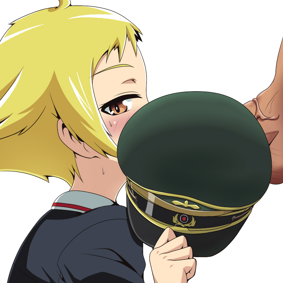 1boy 1girls blonde_hair erwin erwin_(girls_und_panzer) girls_und_panzer hat implied_fellatio kani_club penis short_hair tagme upper_body