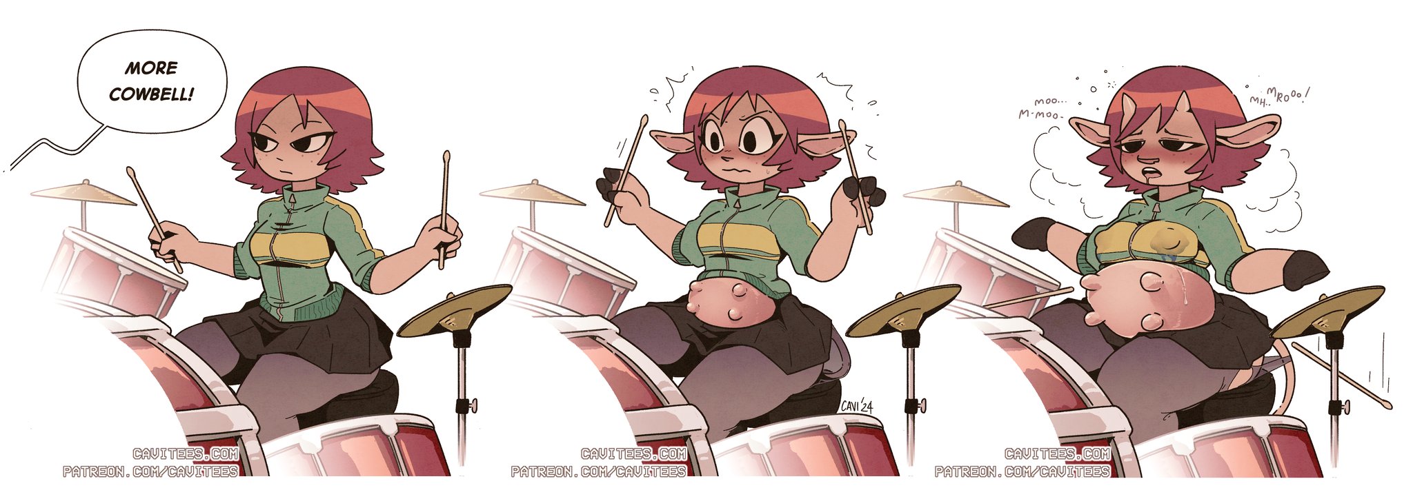 cavitees, cow ears, cow girl, cow horns, drooling, drum, hooves, kim pine, leaking milk, leggings, mooing, red hair, scott pilgrim, skirt, tail, torn legwear, transformation, udders, weight gain