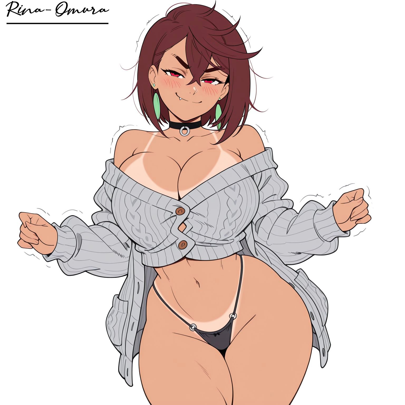 1girl, ai generated, annoyed, annoyed expression, ayase momo, barely clothed, big breasts, choker, cleavage, dandadan, ear piercing, earrings, exposed belly, exposed shoulders, female, female focus, female only, jacket, jacket only, looking at viewer, momo ayase, no bra, no pants, oerba yun fang, piercing, posing, red eyes, red hair, rina-omura, short hair, shoulders, slim waist, smirk, smirking at viewer, solo, solo female, solo focus, string, string panties, tagme, tan body, tan skin, tanline, thick ass, thick thighs, trembling