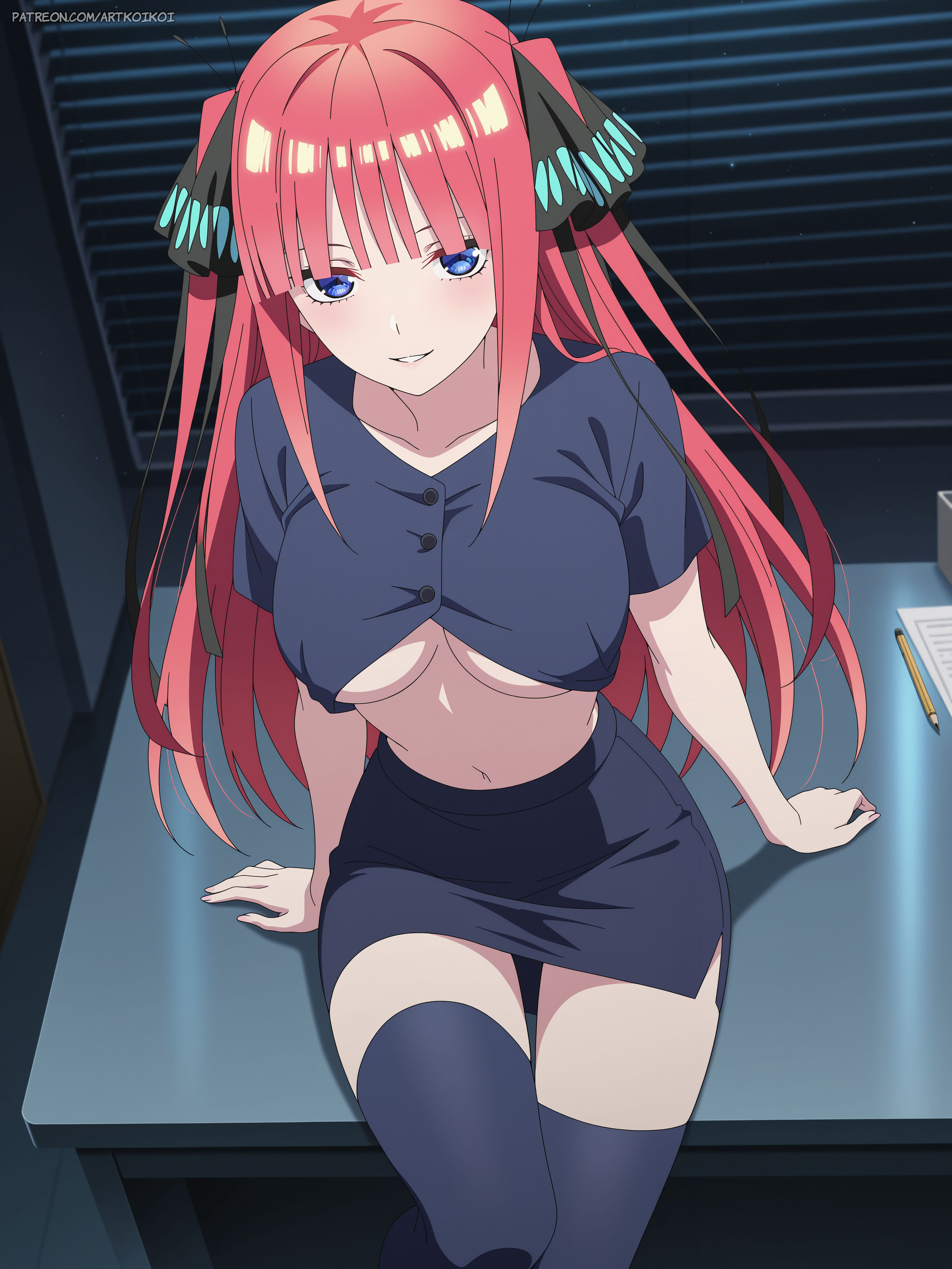 1girls, ai assisted, ai generated, artkoikoi, athletic body, athletic female, belly, belly button, belly cutout, belly fetish, belly outline, blue eyes, breasts, exposed midriff, hair ornament, high socks, hips, hips outline, imminent sex, long hair, midriff, midriff baring shirt, midriff cutout, midriff exposed, midriff peek, midriff showing, nakano nino, navel, navel cutout, navel fetish, navel line, navel outline, perfect body, red hair, revealing clothes, round breasts, seducing, seduction, seductive, seductive body, seductive pose, showing, showing belly, showing navel, showing off, showing off belly, showing tummy, sitting on table, skinny, skinny female, skinny girl, skinny waist, slender, slender athletic build, slender body, slender build, slender legs, slender waist, slim body, slim female, slim figure, slim girl, slim torso, slim waist, tall female, the quintessential quintuplets, thick thighs, thighhighs, thighs, thin waist, tied hair, tummy, twintails, underboob