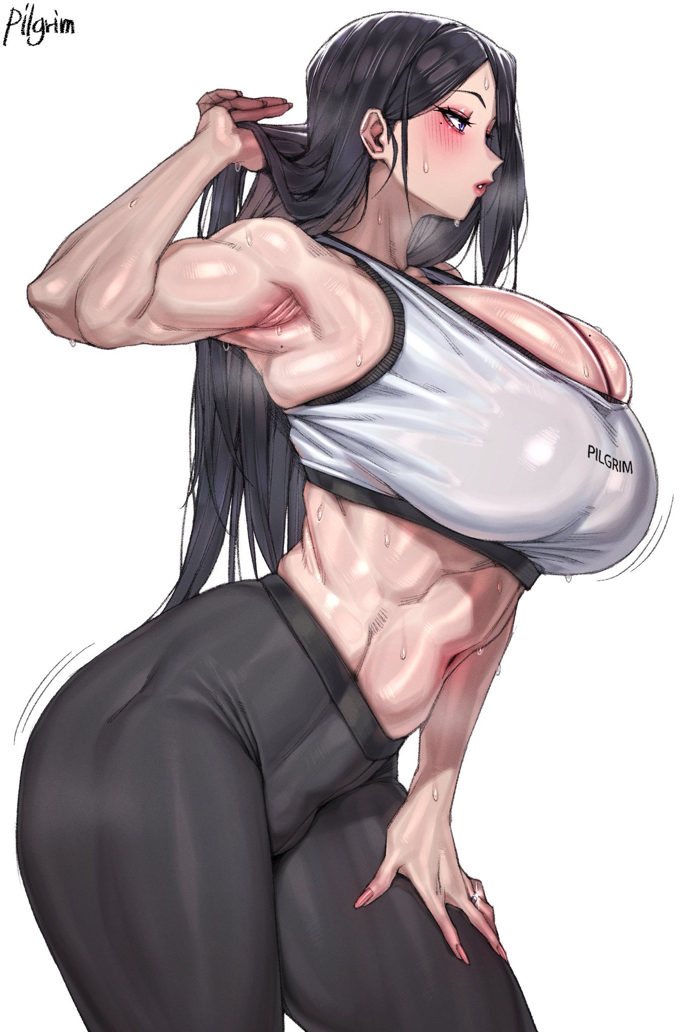 1female, 1girl, 1girls, abs, athletic, athletic female, big breasts, breasts, breasts bigger than head, eyeshadow, huge breasts, lipstick, makeup, muscular, muscular female, nail polish, pilgrim 0909, pink nails, ring (jewelry), tagme