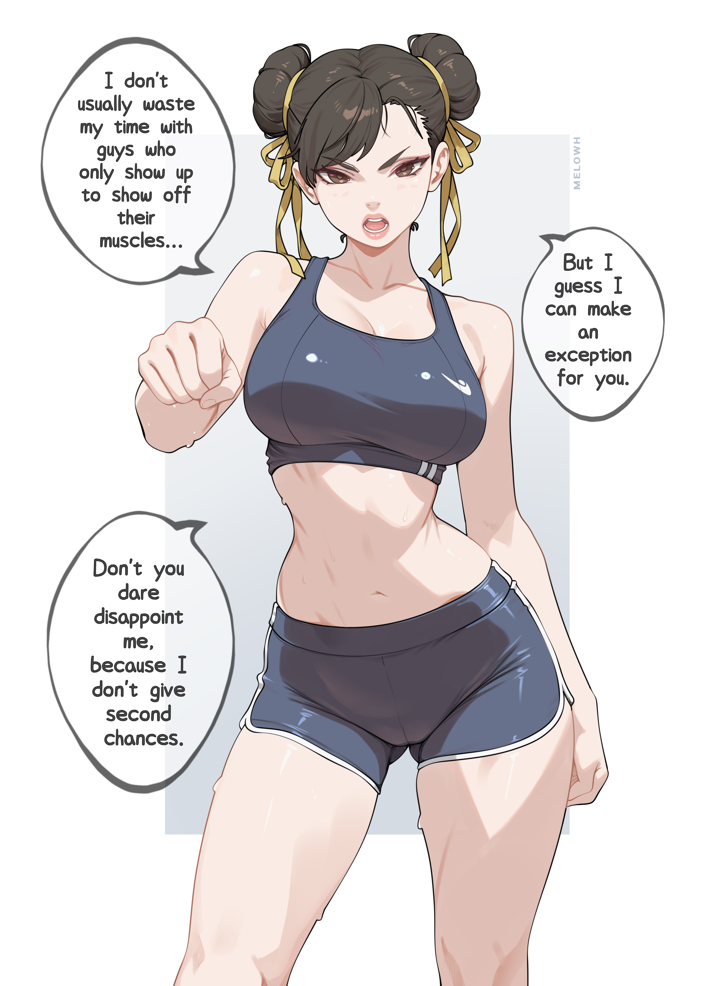 1girls, breasts, buns, capcom, chun-li, dialogue, english text, female, female only, light skin, light-skinned female, melowh, street fighter, street fighter ii, text