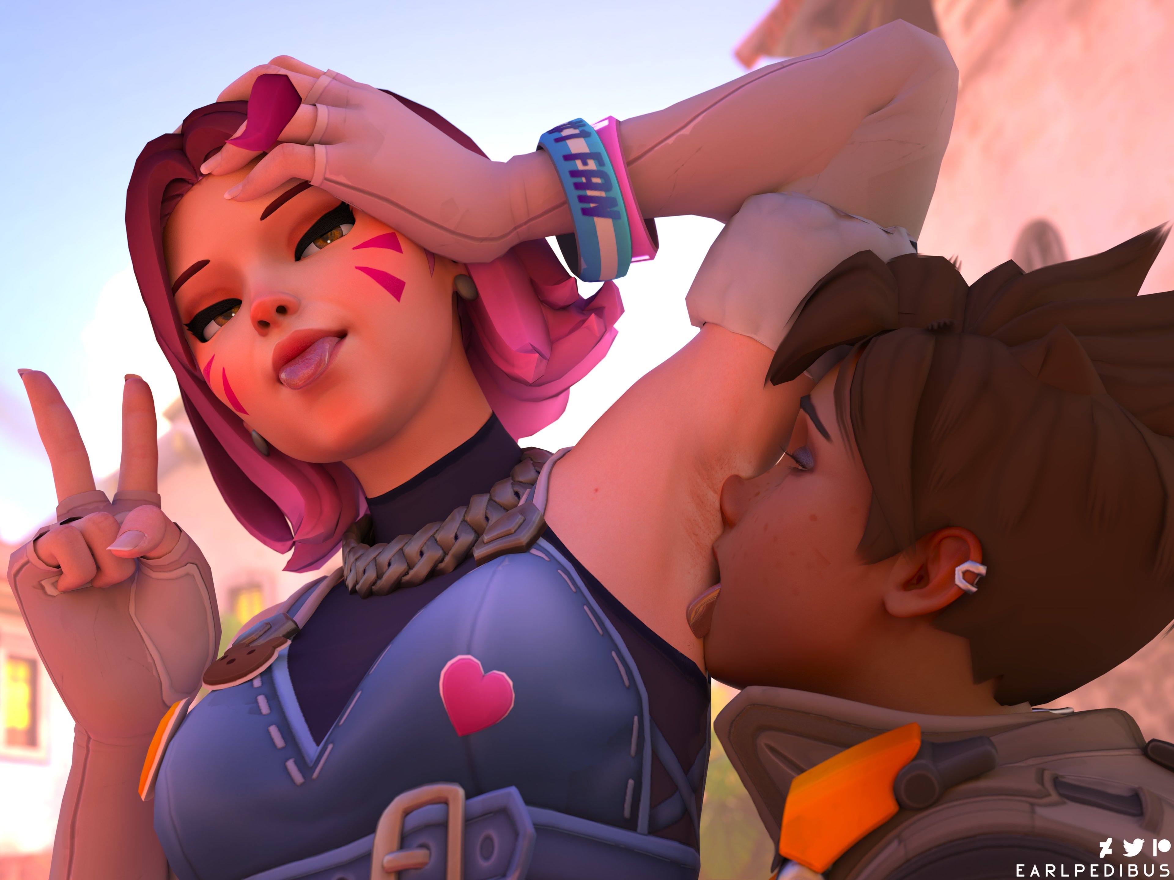 2girls, 3d, 3d (artwork), antifragile dazzle, armpit fetish, armpit licking, bakushin o armpit gif (meme), brown hair, collaboration, collaboration skins, collaboration works, d.va, earlpedibus, gradient hair, le sserafim, licking armpit, overwatch, overwatch 2, pink hair, short hair, sucking armpit, tongue, tongue out, tracer, tracer (overwatch 2 suit), v sign, yuri