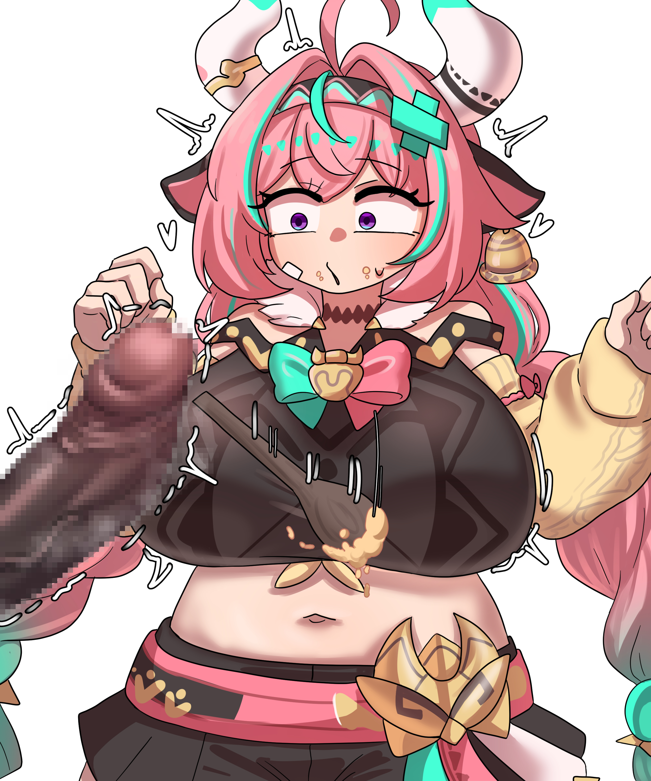 1boy, 1girls, breasts, cock shock, cow ears, cowbell, dark-skinned male, detached sleeves, female, feral pov, genshin impact, hilichurls (species), horns, joeneko26, large breasts, looking at penis, male, mosaic censoring, multicolored hair, navel, open mouth, penis, penis awe, simple background, skirt, spoon, twitching penis, two-tone hair, varesa (genshin impact), white background