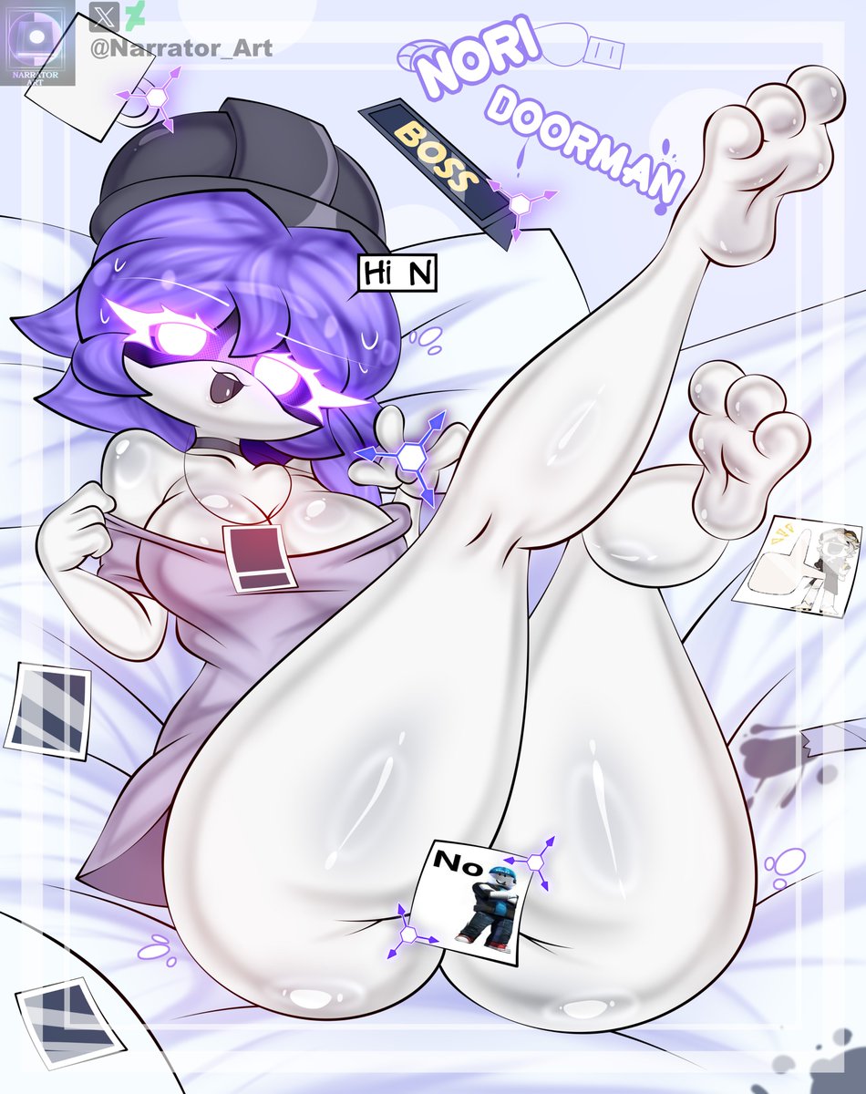 1girls, bedroom, covering pussy, female, female focus, female only, grey shirt, hat, laying down, laying on back, laying on bed, mug, murder drones, narrator art, nori (murder drones), purple eyes, purple hair, robot, robot girl, sexy, solo, solo female, solo focus
