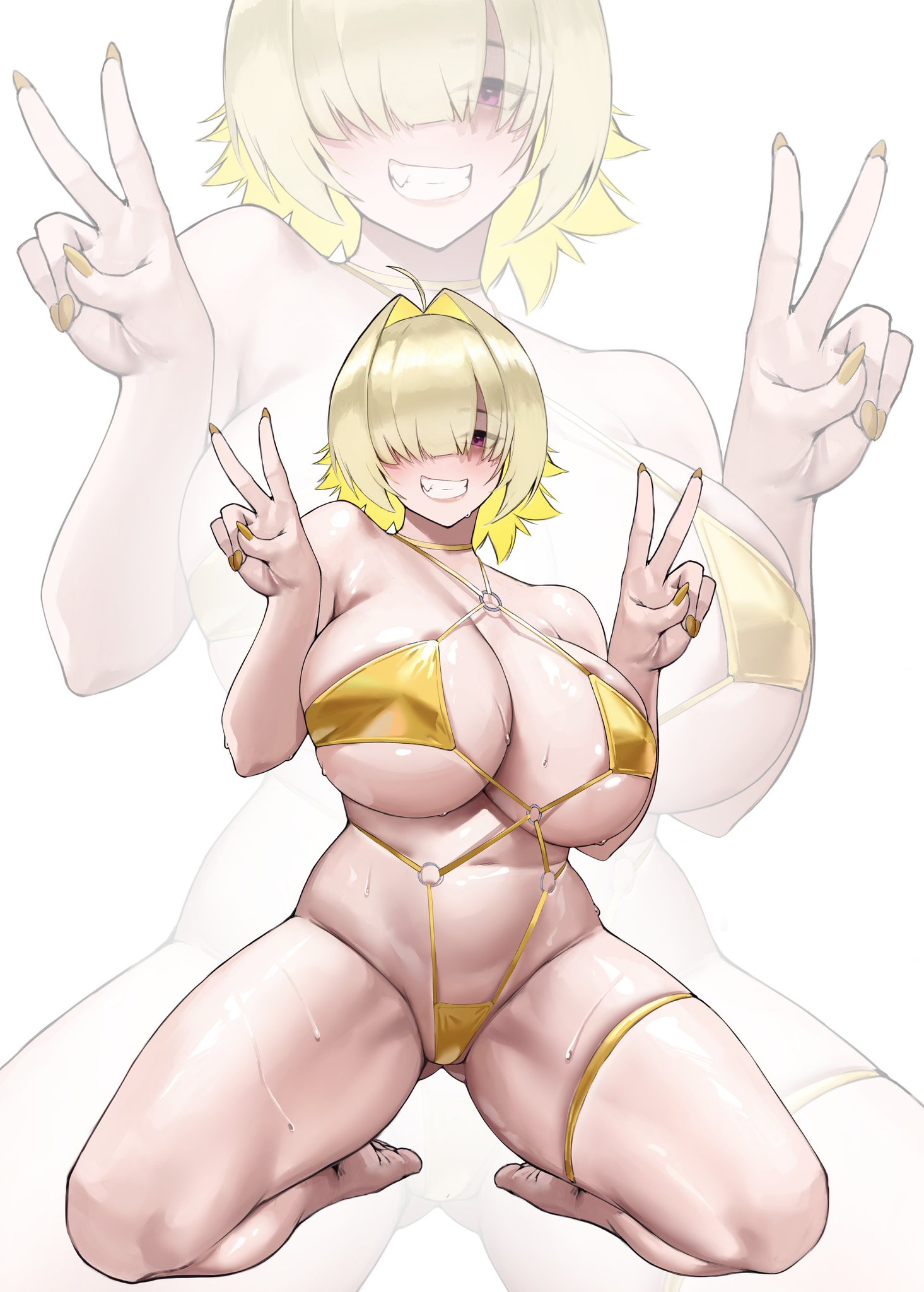 1girls, absurdres, alternate costume, bikini, blonde hair, breasts, commentary, elegg (nikke), english commentary, game controller print, goddess of victory: nikke, gold bikini, hair intakes, highres, large breasts, long bangs, short hair, skindentation, slingshot swimsuit, smile, swimsuit, thigh strap, v, white background, yellow slingshot swimsuit, zoom layer, zukululuu