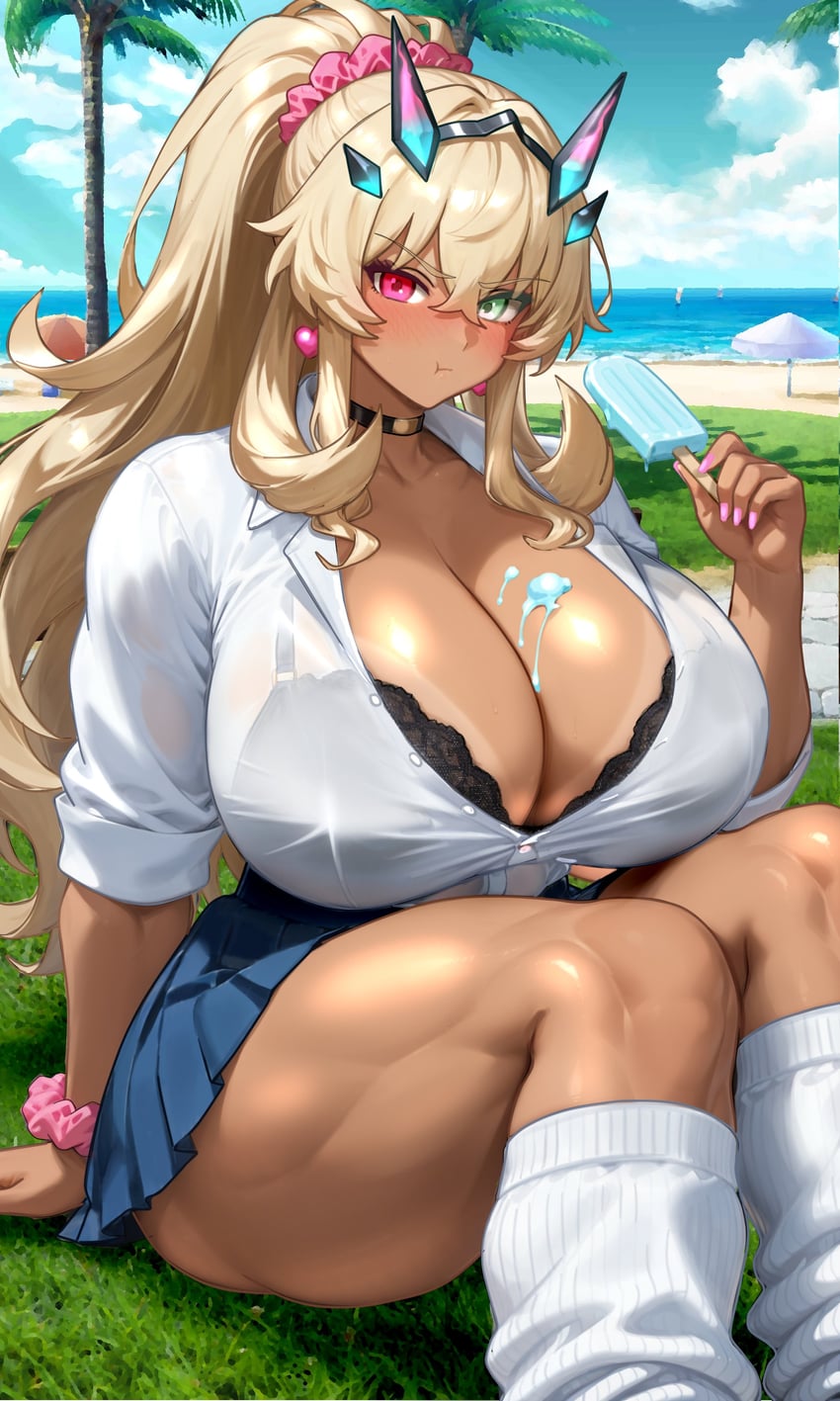 1girls, absurd res, barghest (gawain) (fate), beach, blush, bra, bra peek, breasts, choke, cleavage, collared shirt, fate (series), fate/grand order, food, gyaru, heterochromia, highres, huge breasts, large breasts, long hair, looking at viewer, miniskirt, muscular, muscular female, outdoors, ponytail, popsicle, pout, raskasar, scrunchie, shirt, skirt, socks, solo, thick thighs, thighs, white shirt
