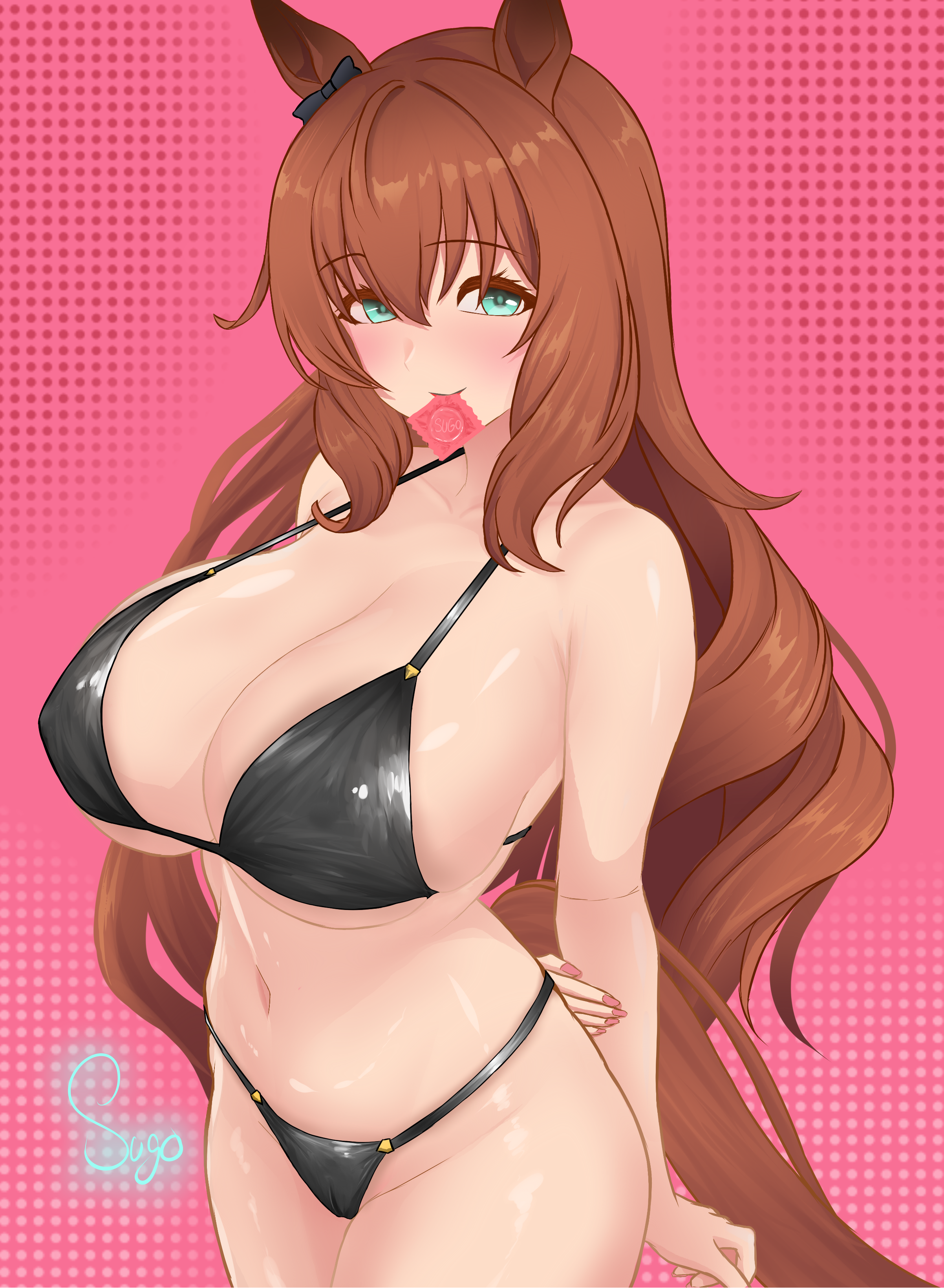 1girl, aqua eyes, artist name, black bikini, brown hair, cleavage, condom, condom wrapper, horse ears, horse girl, large breasts, long hair, looking at viewer, maruzensky (umamusume), navel, sideboob, solo, stomach, sugoarts1080, thighs, umamusume, umamusume pretty derby