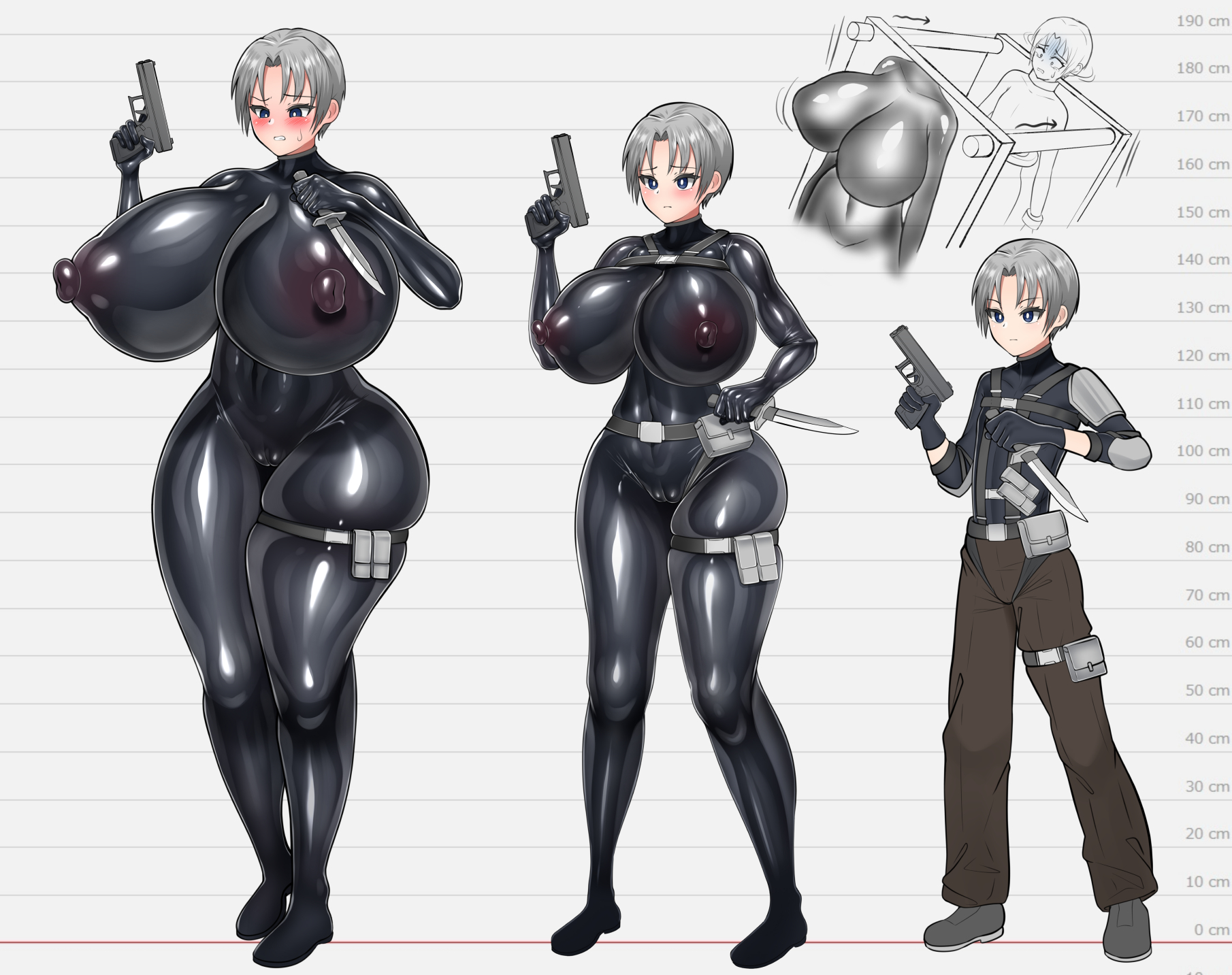 ass expansion, bodysuit, breast expansion, breasts, child bearing hips, expansion, feminization, forced feminization, gender transformation, gigantic ass, gigantic breasts, growth sequence, gun, height chart, hourglass expansion, hourglass figure, hyper, hyper ass, hyper breasts, knife, mtf transformation, ohitsuji, original, original character, thick thighs, transformation, unwilling transformation