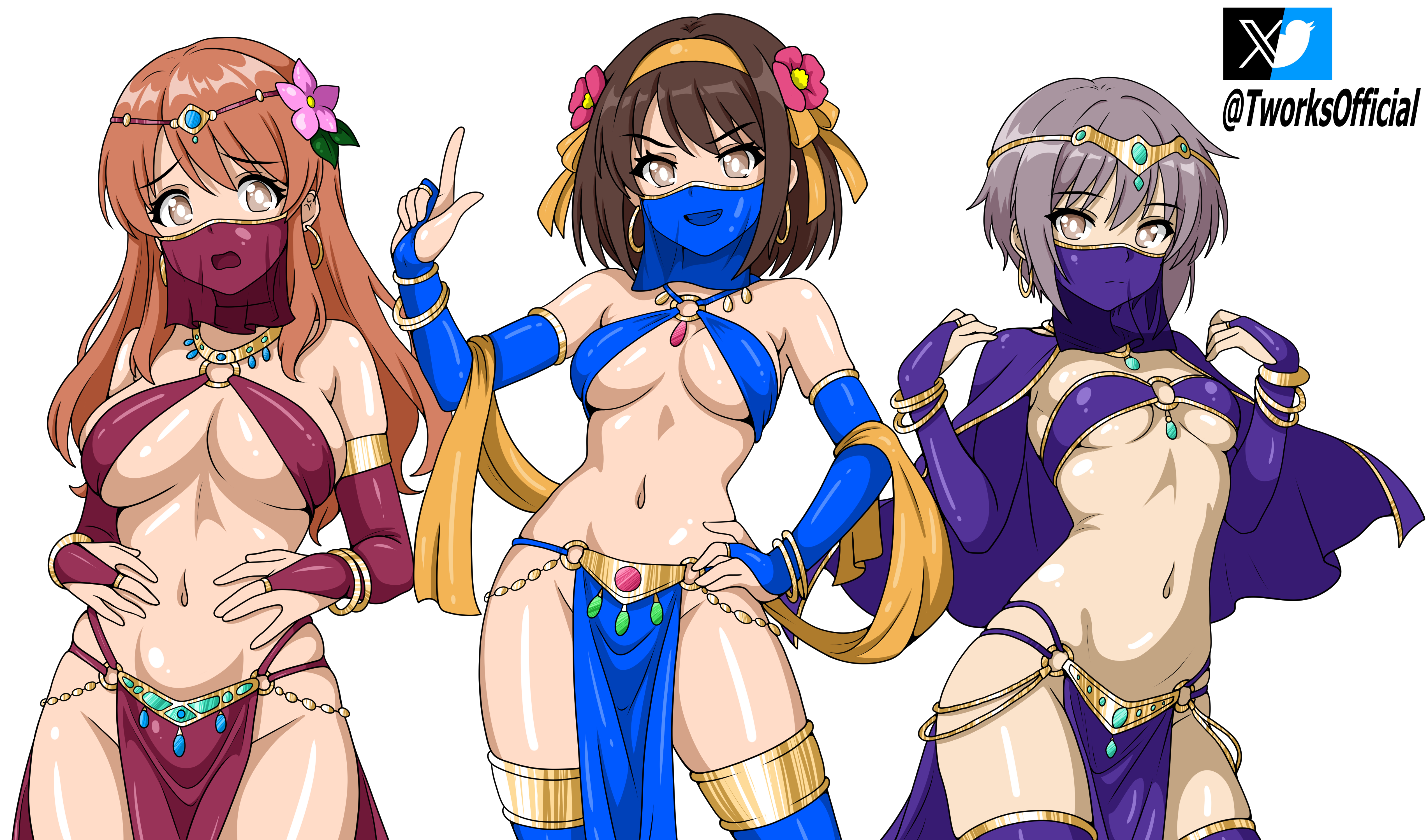 3girls, absurdres, ai assisted, asahina mikuru, bare shoulders, belly, breasts, brown hair, cape, commentary, dancer, english commentary, grey hair, hairband, harem outfit, highres, large breasts, long hair, looking at viewer, medium breasts, mouth veil, multiple girls, nagato yuki, navel, orange hair, pelvic curtain, purple cape, shiny skin, short hair, simple background, skindentation, small breasts, standing, suzumiya haruhi, suzumiya haruhi no yuuutsu, t-works, underboob, veil, white background