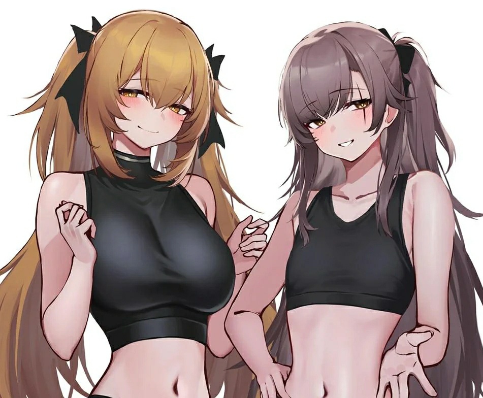 2girls, 3 small spiders, big breasts, blush, breast size difference, brown hair, female, female only, flat chest, girls' frontline, girls' frontline 2: exilium, large breasts, lenna (girls' frontline 2), leva (girls' frontline 2), long hair, looking at viewer, multiple girls, navel, scar across eye, size difference, small breasts, sports bra, tight clothing, ump45 (girls' frontline), ump9 (girls' frontline), upper body, yellow eyes