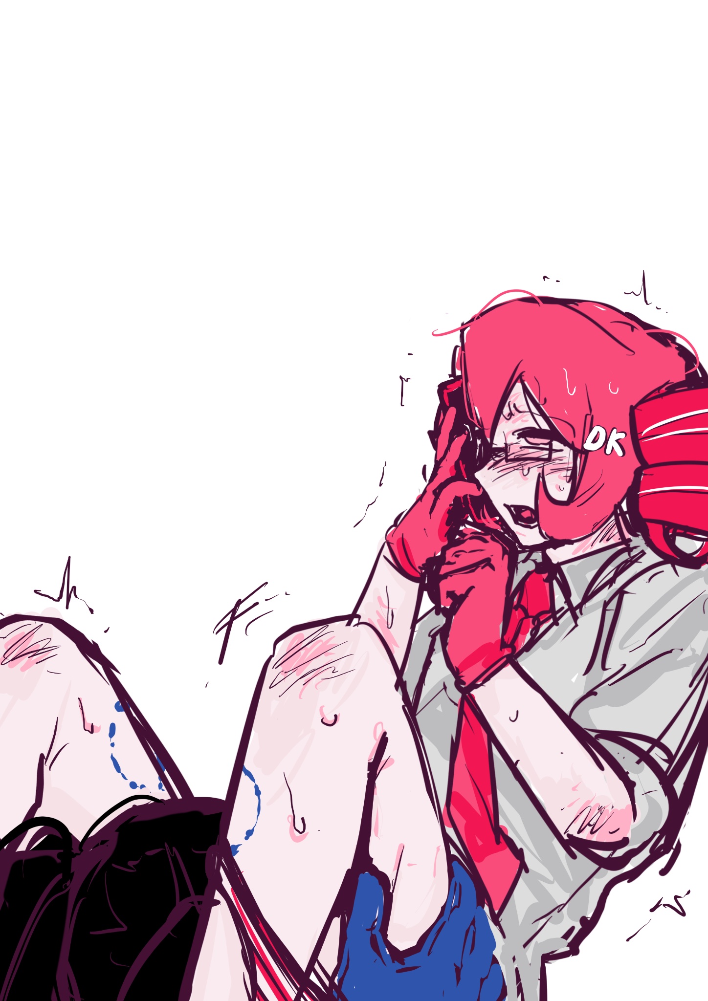 1girl, 2girls, ahoge, another cup, bite mark, blush, bunnycat (producer), clothes pull, color, cunnilingus, dk666 nsfw, drill hair, female only, gloves, hatsune miku, hatsune miku (another cup), implied sex, kasane teto, kasane teto (another cup), licking pussy, mostly clothed, mv character, necktie, open mouth, panties, pants, phone call, red eyes, red gloves, red hair, shirt, sketch, solo focus, striped, striped panties, sweat, synthesizer v, tears, trembling, twin drills, twitching, underwear, utau, vocaloid, yuri