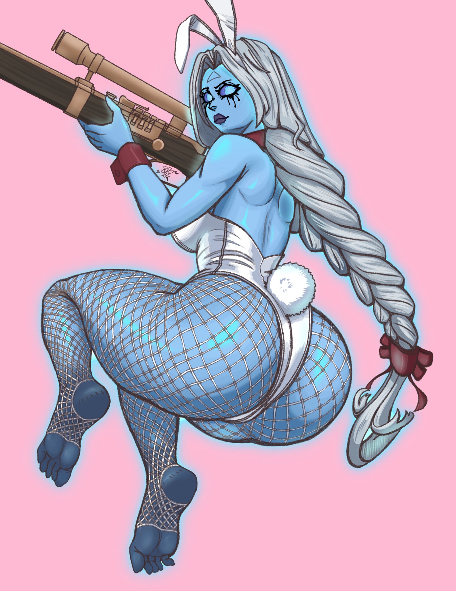 1girl, 1girls, blue skin, braid, braided hair, braids, bunny ears, bunny suit, bunnysuit, color, colored, deadlock, female, female focus, female only, fishnets, ghost, ghost girl, gun, makeup, mascara, playboy bunny, runny makeup, runny mascara, sniper rifle, solo, solo female, strawberryblood, suggestive, valve, vindicta (deadlock), white hair
