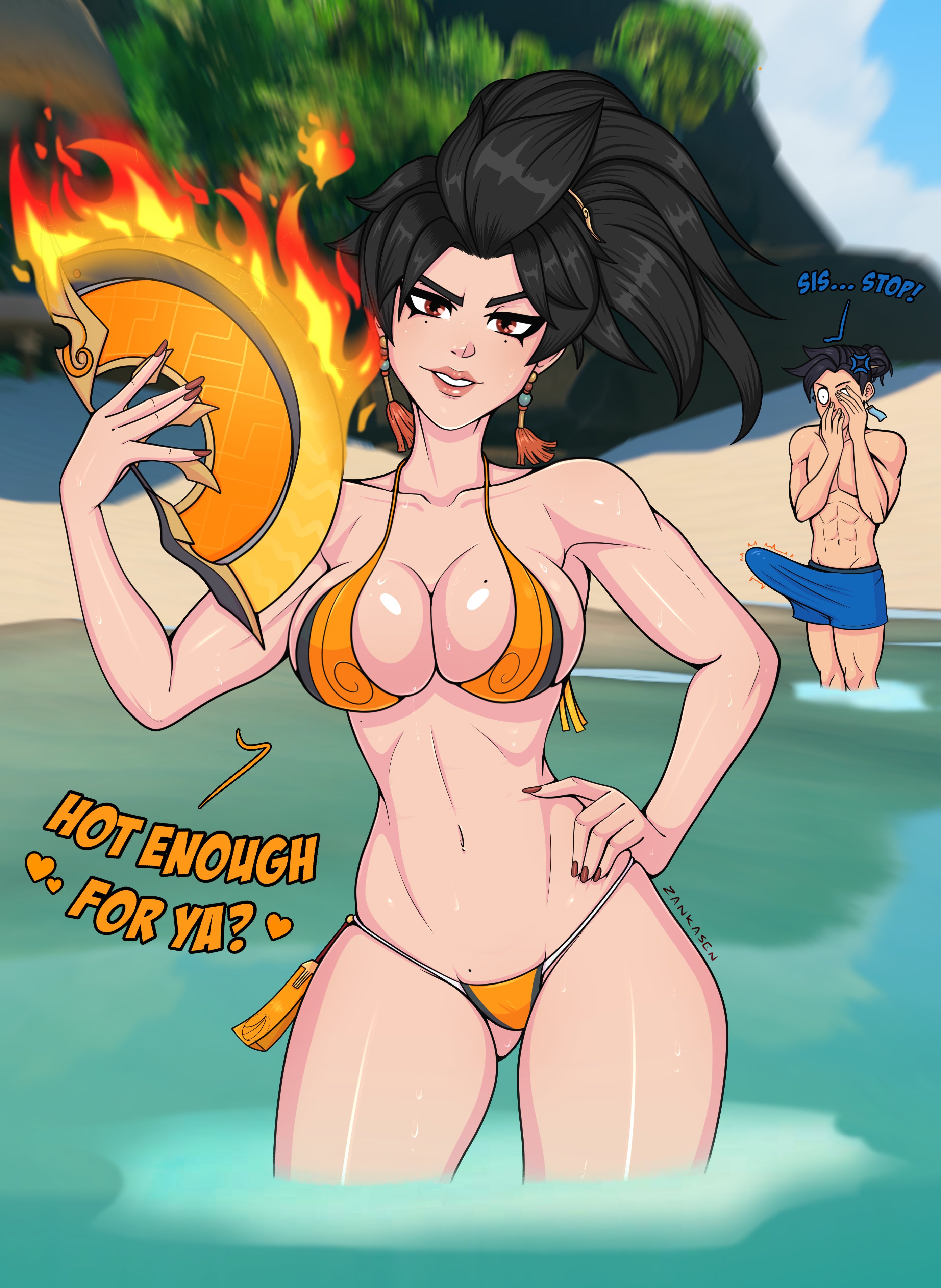 1boy1girl, abs, anran, asian female, asian male, beach, bikini, black hair, boner, boner in pants, brother and sister, imminent incest, imminent sex, incest, muscular male, older female and younger male, older sister, older sister younger brother, orange clothing, overwatch, teasing, teasing viewer, turned on, water, wuyang, younger brother, zankasen