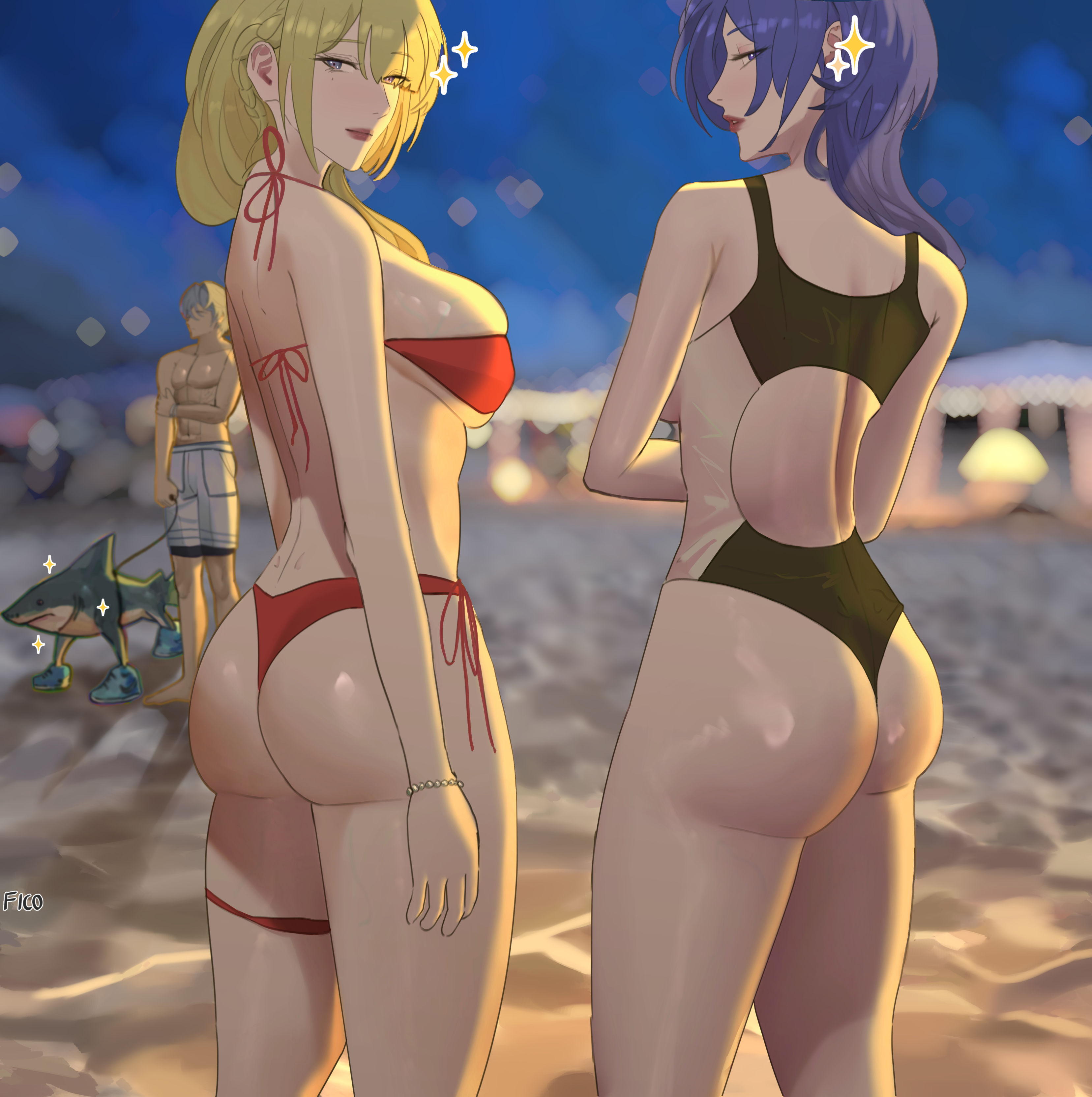 1boy, 2girls, beach, big ass, bikini, breasts, color, drawing, evelyn chevalier, fat ass, fico, ficoemirrio, italian brainrot, jealous female, long hair, meme, meme reference, mihoyo, muscular male, promeia (zenless zone zero), short hair, thick thighs, wise (zenless zone zero), zenless zone zero
