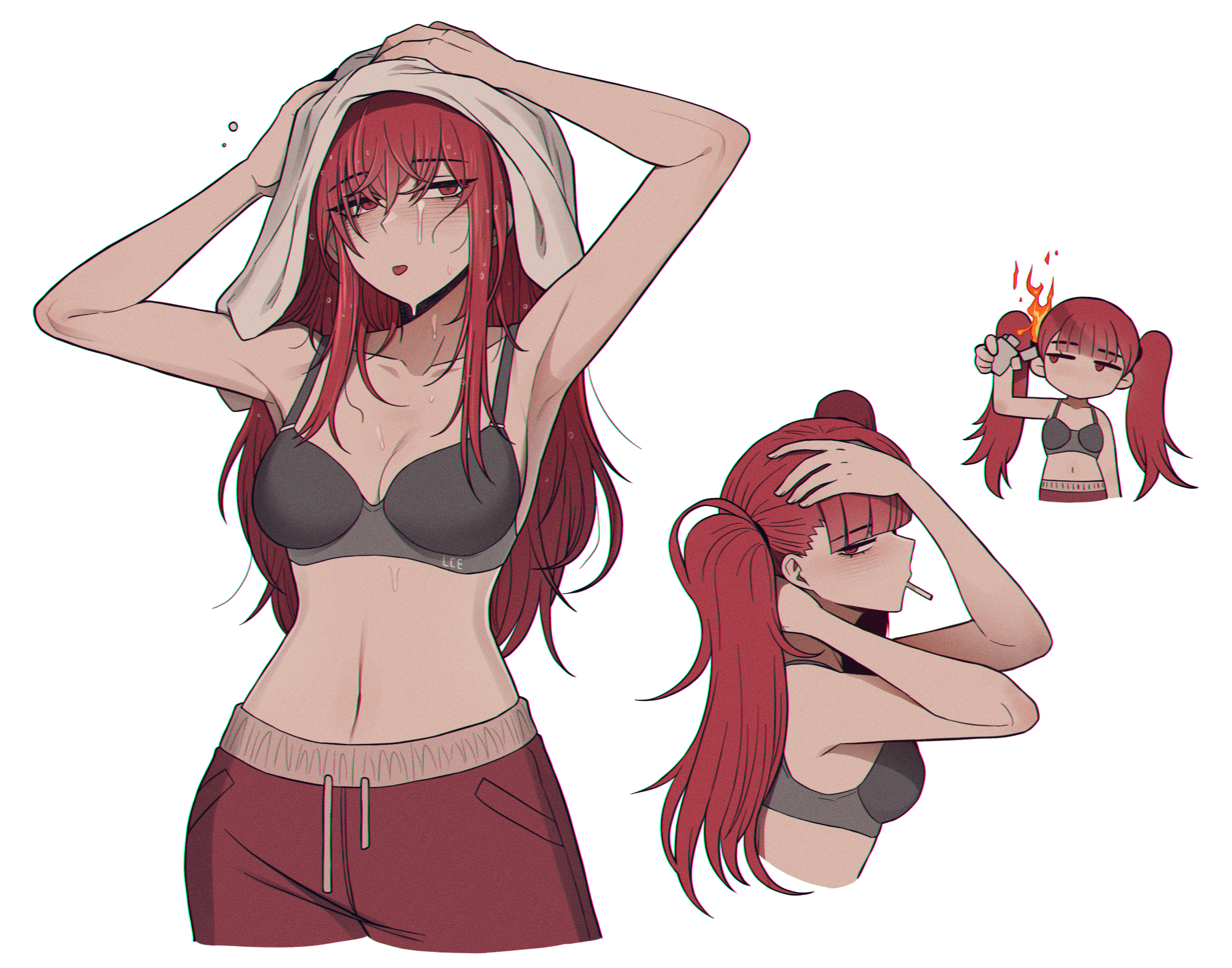 after shower, after workout, alyssa (limbus company), armpits, bare shoulders, bra, breasts, cigarette, collarbone, dripping, dripping wet, droplets, drying, drying hair, fire, hands on hair, hands on head, lighter, limbus company, long hair, midriff, misg1111, multiple poses, project moon, raised arm, raised arms, red eyes, red hair, sfw, tongue, tongue out, track pants, twintails, tying hair, water, wet, wet body, wide hips