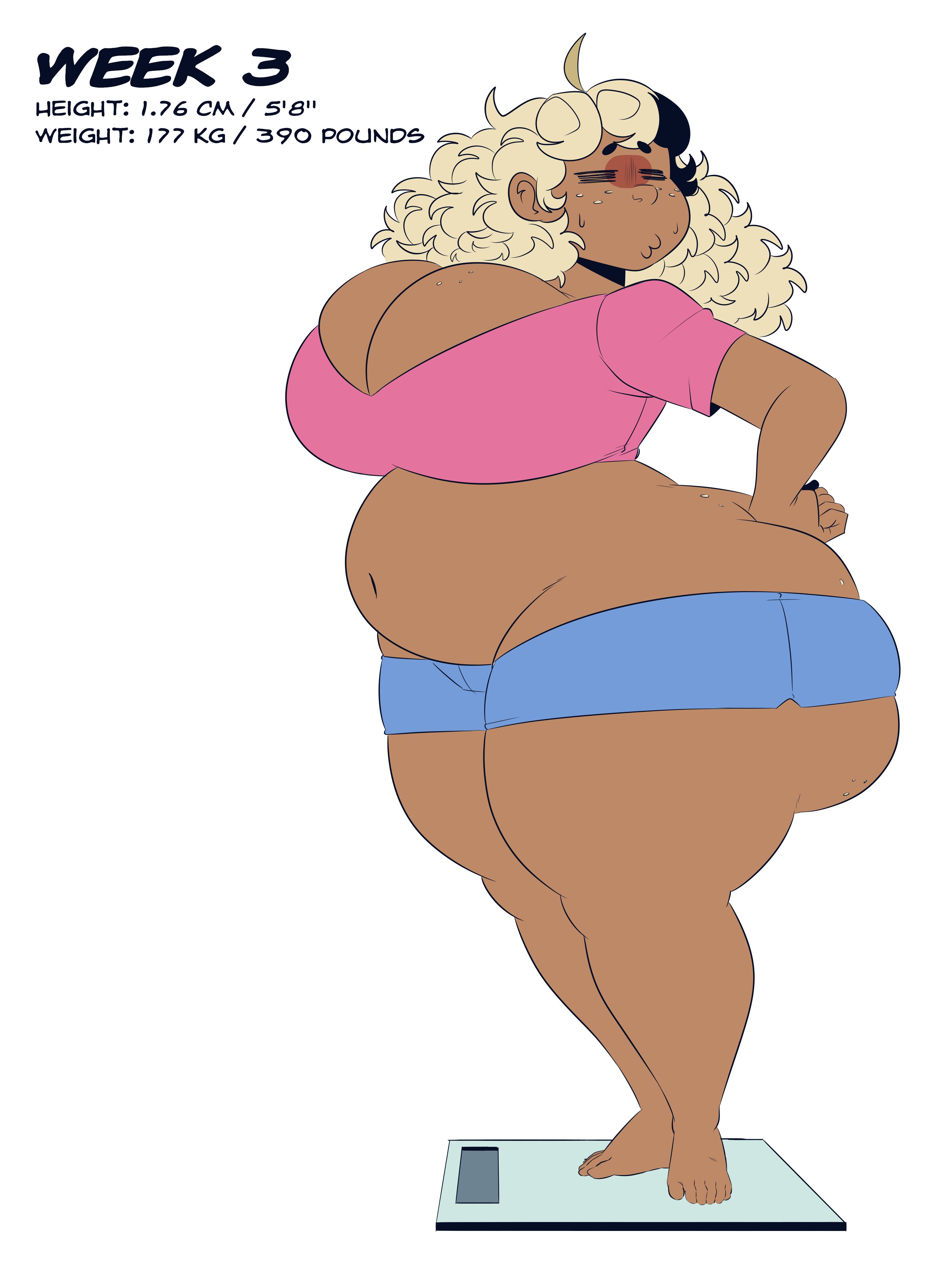 ass, chubby, curly hair, donette (elpiromanias), elpiromanias, fat, fat ass, obese, obese female, oc, original character, scale, sequence, weight gain, worried