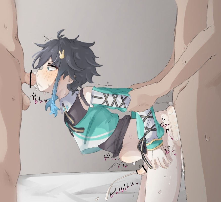 1femboy, bar censor, barbatos (genshin impact), belly bulge, blowjob, femboy, genshin impact, handsfree ejaculation, hoyoverse, male, male only, mihoyo, multiple males, multiple penises, penis, pulling arms, spitroast, stomach bulge, tagme, venti (genshin impact), yaoi