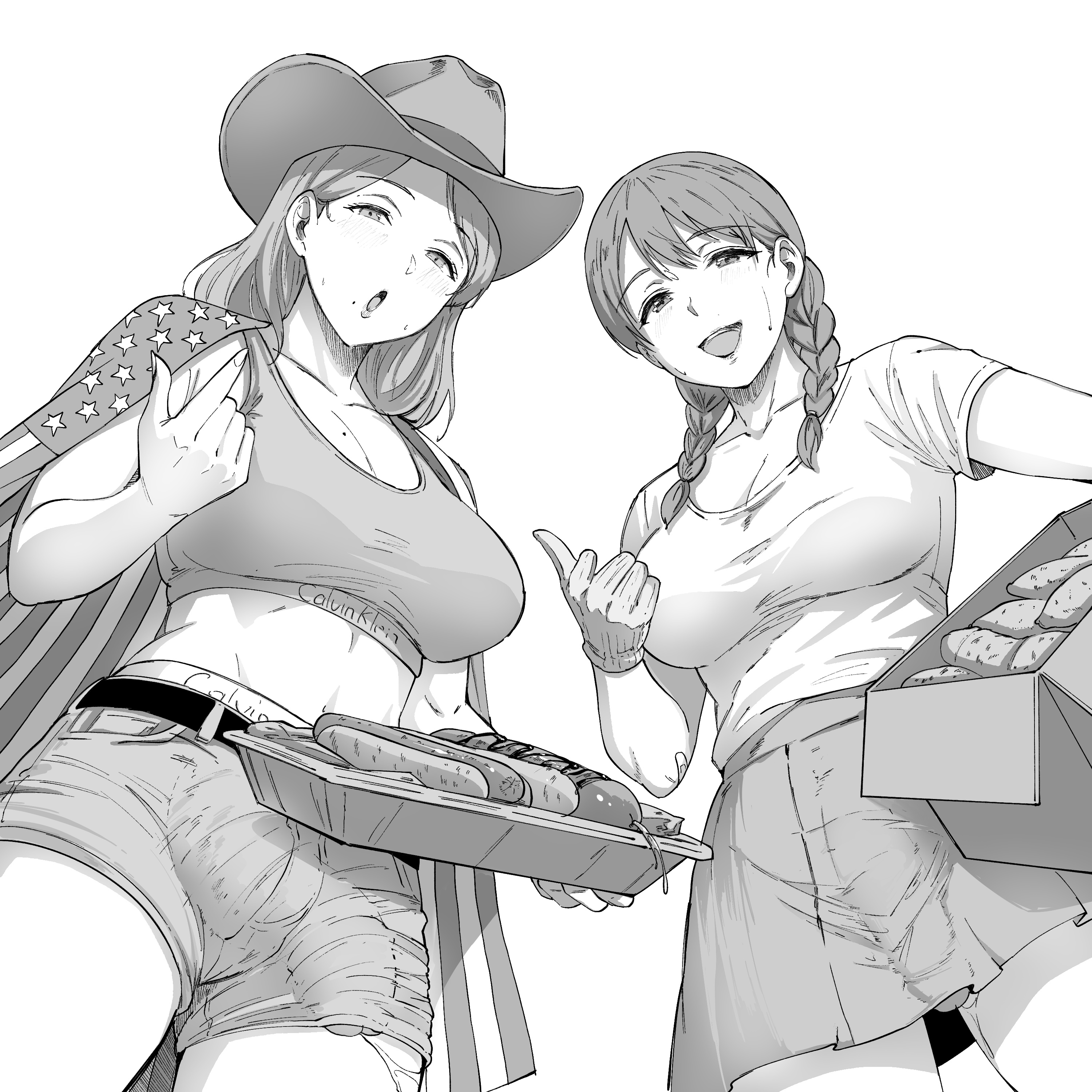 2futas, bulge, cowboy hat, crop top, dickgirl, food, futanari, hotdog, kakun, karkunr18, monochrome, penis, penis through leghole, potato, shirt, shorts, skirt
