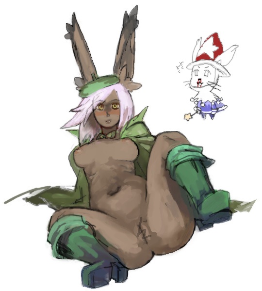 1girls animal_ears boots bottomless breasts bunny_ears dark_skin final_fantasy final_fantasy_tactics_a2 final_fantasy_tactics_advance looking_at_viewer moogle navel no_panties nosebleed pointless_censoring presenting pussy sitting spread_legs time_mage viera white_background white_hair yellow_eyes