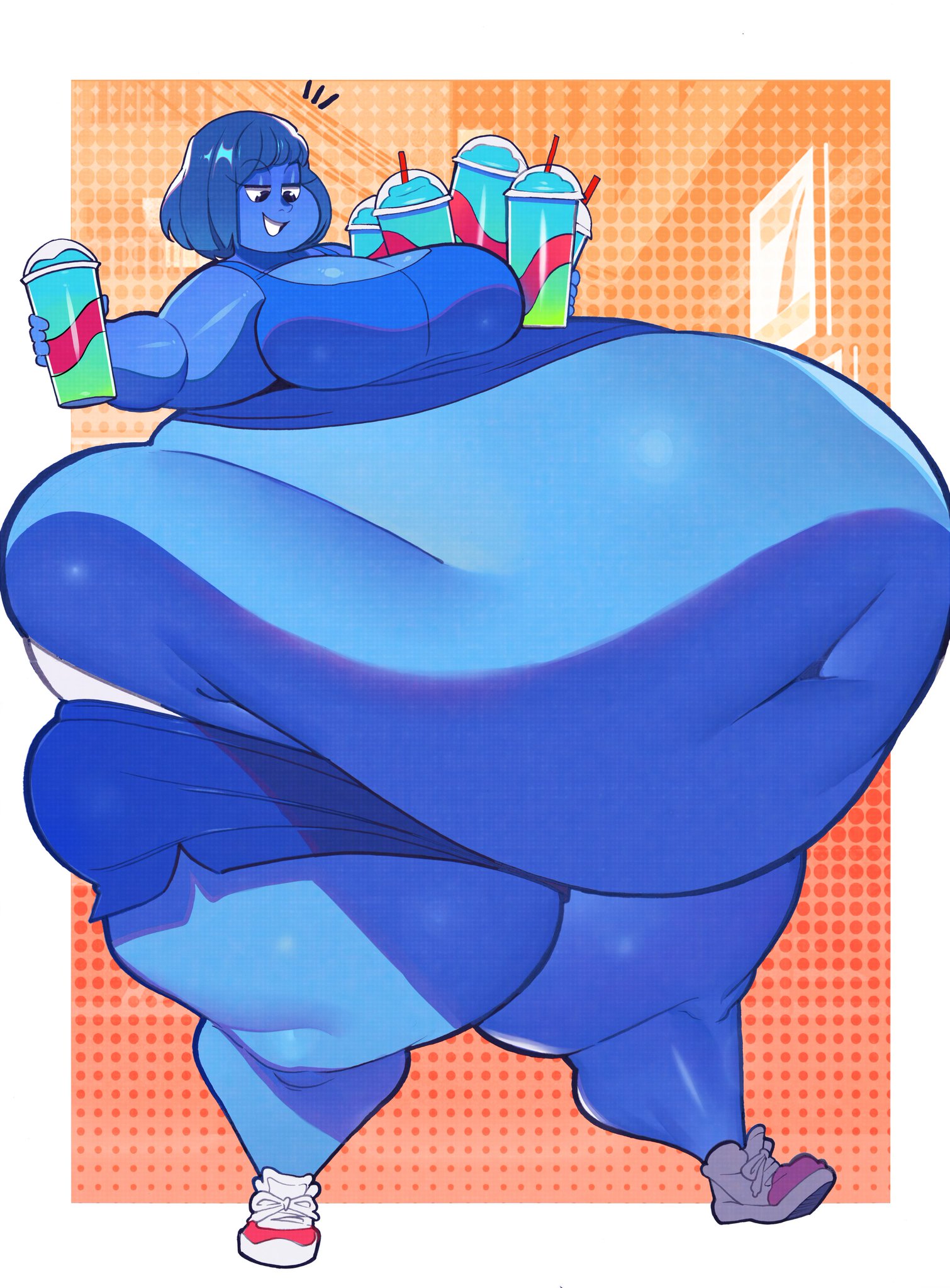 1girls, aged up, ass expansion, belly expansion, big ass, big belly, big breasts, blue hair, blue skin, blueberry inflation, breast expansion, charlie and the chocolate factory, chocolate factory (2005), crack the moon, drinks, expansion, inflation, navel, slushee, sports bra, sports shorts, sports uniform, sportswear, violet beauregarde
