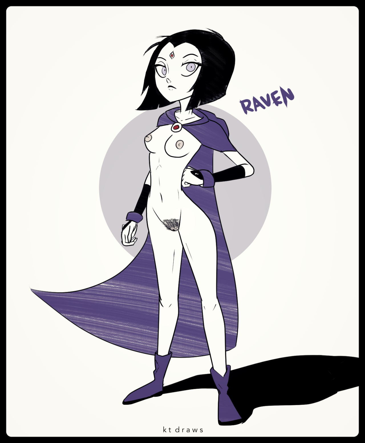 black hair, breasts, dc, dc comics, female, female artist, forehead jewel, kt-draws, looking at viewer, naked cape, navel, nipples, nude, pale skin, pubic hair, raven (dc), raven (teen titans), short hair, solo, standing, straight hair, teen titans, teen titans (television series)