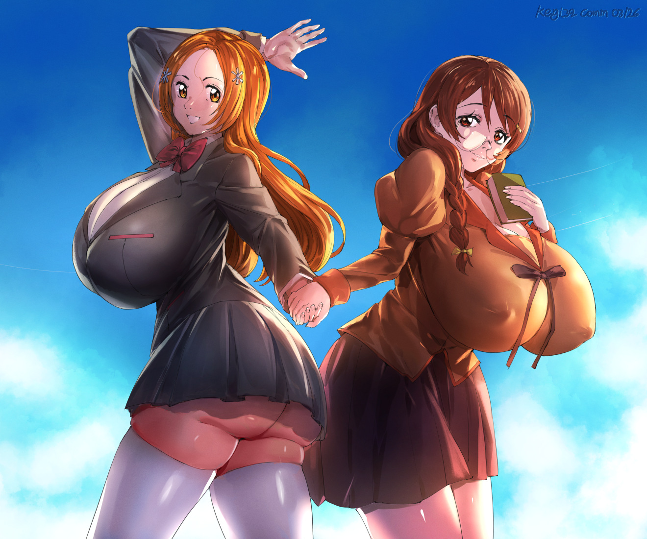 2girls, alternate breast size (larger), arm up, ass, black bow, black hair, black skirt, bleach, book, bow, breasts, brown eyes, covered erect nipples, crossover, gigantic breasts, glasses, gluteal fold, grey shirt, grey skirt, hair ornament, hanekawa tsubasa, holding, holding book, holding hands, huge ass, huge breasts, inoue orihime, karakura high school uniform, keigi, keigi (artist), lips, long hair, monogatari (series), multiple girls, naoetsu high school uniform, orange hair, puffy sleeves, red bow, school uniform, shirt, skin tight, skirt, smile, thighhighs, underbutt, white shirt, white thighhighs