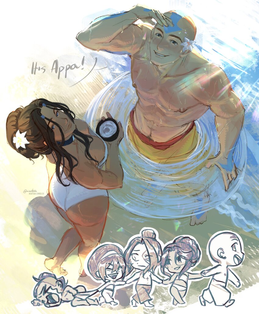 2d, 2girls, 3boys, aang, absurdres, aisatsaa, arm tattoo, arm up, arrow (symbol), arrow tattoo, avatar legends, avatar the last airbender, avatar: aang the last airbender, bald, bikini, bird's-eye view, blue choker, brown hair, bubble butt, canon couple, chibi, chibi inset, choker, closed mouth, coconut drink, commentary, cup, dark skin, dark-skinned female, dat ass, drinking glass, duo focus, fair skin, flower, foot tattoo, hair bun, hair flower, hair ornament, half-dressed, head tattoo, highres, holding, holding cup, in water, katara, light-skinned male, looking at viewer, looking up, multiple boys, multiple girls, muscular male, nipples, parted lips, shorts, smile, sokka, swimsuit, tattoo, the legend of aang, toph bei fong, topless male, wading, waterbending, white bikini, white flower, yellow shorts, zuko