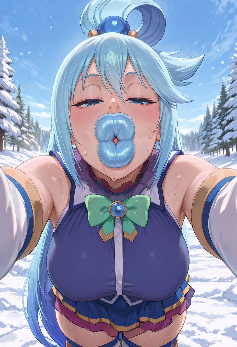 ai generated, aqua (konosuba), aqua eyes, aqua hair, aqua lipstick, big breasts, blue eyes, blue lipstick, cyan hair, cyan lipstick, goddess, holding viewer, huge breasts, huge lips, huge thighs, hyper, hyper lips, incoming kiss, kono subarashii sekai ni shukufuku wo!, konosuba, looking at viewer, massive lips, skirt, smooch, wide hips