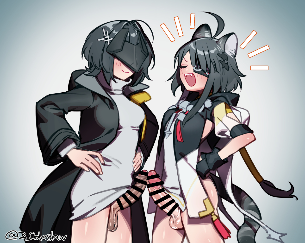2futas, animal ears, arknights: endfield, censored, comparing penis, endministrator (arknights: endfield), female endministrator (arknights: endfield), frottage, futa only, futanari, mirin chikuwa, penis, tangtang (arknights: endfield)