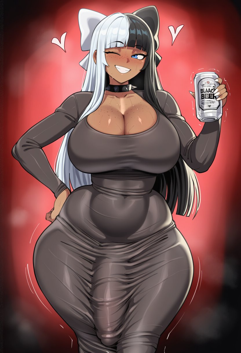 1futa, 2025, ai generated, beer, beer can, big breasts, big penis, black and white hair, blue eyes, blush, bulge, bulge through clothing, bulge under clothes, celeste (memch0), child bearing hips, cleavage, collar, dark skin, dark-skinned futa, dress, el memc, freckles, futa only, futanari, hand on hip, horny, horny futa, huge breasts, huge cock, hung futa, hyper breasts, hyper penis, looking at viewer, looking pleasured, memch0, musk, musk clouds, oc, original, original character, spiked collar, sweat, sweatdrop, sweating, sweaty, thick thighs, thunder thighs, tight clothing, tight dress, wink, winking at viewer