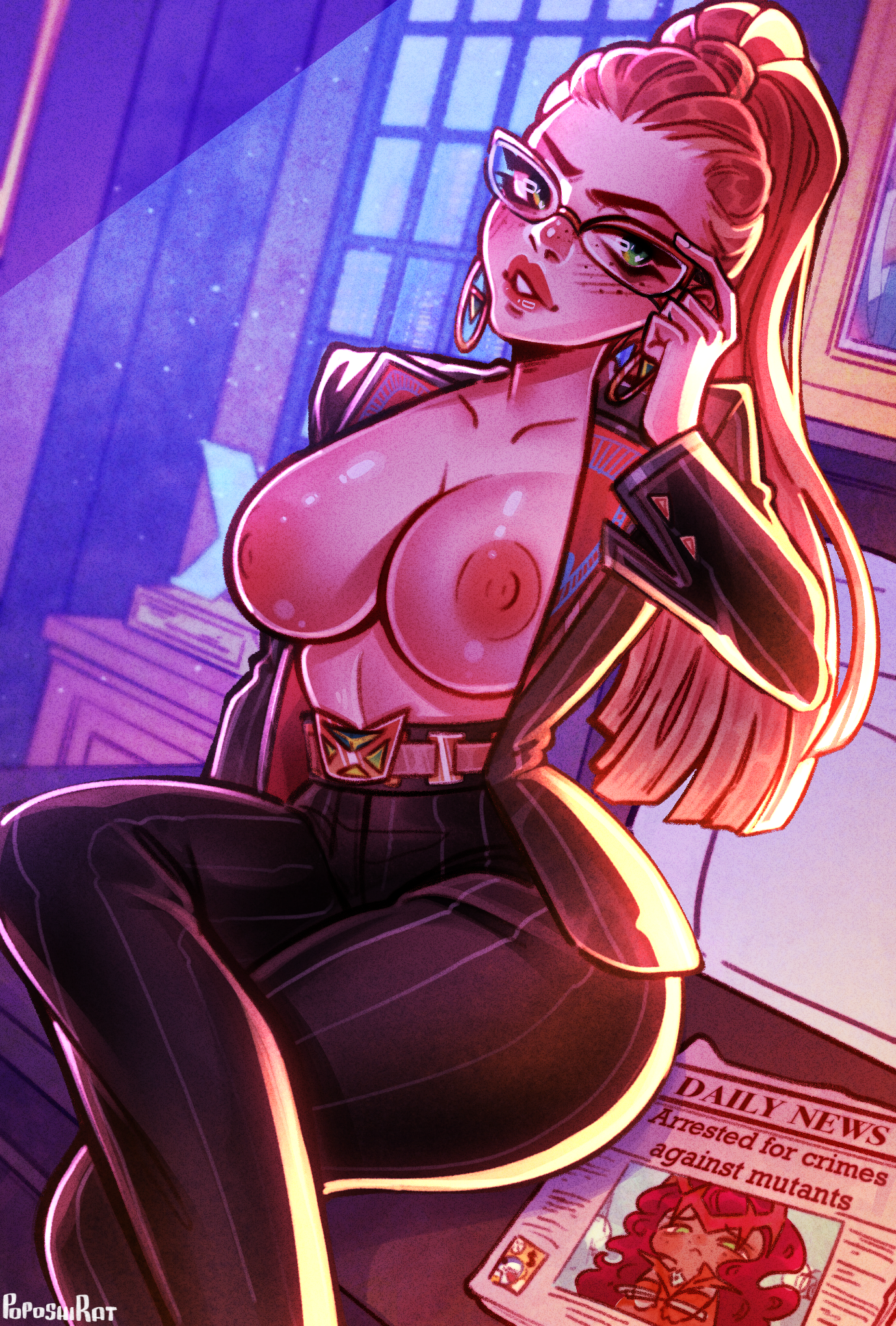 1girls, 2026, 2d, 2d (artwork), adjusting eyewear, alternate version available, artist name, ass, breasts, clothed, clothed female, desk, earrings, exposed breasts, female, female only, glasses, jean grey, looking at viewer, marvel, marvel rivals, mature, mature female, mutant (marvel), nipples, no sex, office clothing, office lady, orange hair, phoenix (marvel rivals), phoenix (seat of spring), phoenix (x-men), ponytail, poposhirat, solo, solo female, teacher, teacher outfit, textless version, thick thighs, thighs, tight clothing, topless, topless female, x-men