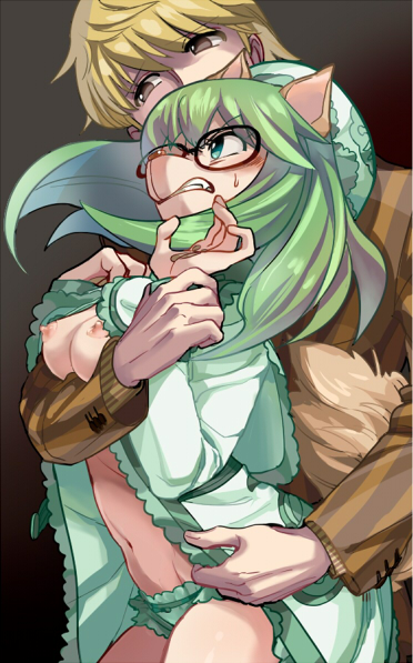 1boy 1girls animal_ears artist_request blush breasts breasts_out cheadle_yorkshire dog_ears duo erect_nipples female glasses green_hair green_panties hat hunter hunter_x_hunter large_breasts long_hair nipples open_clothes pariston_hill rape shounen_jump