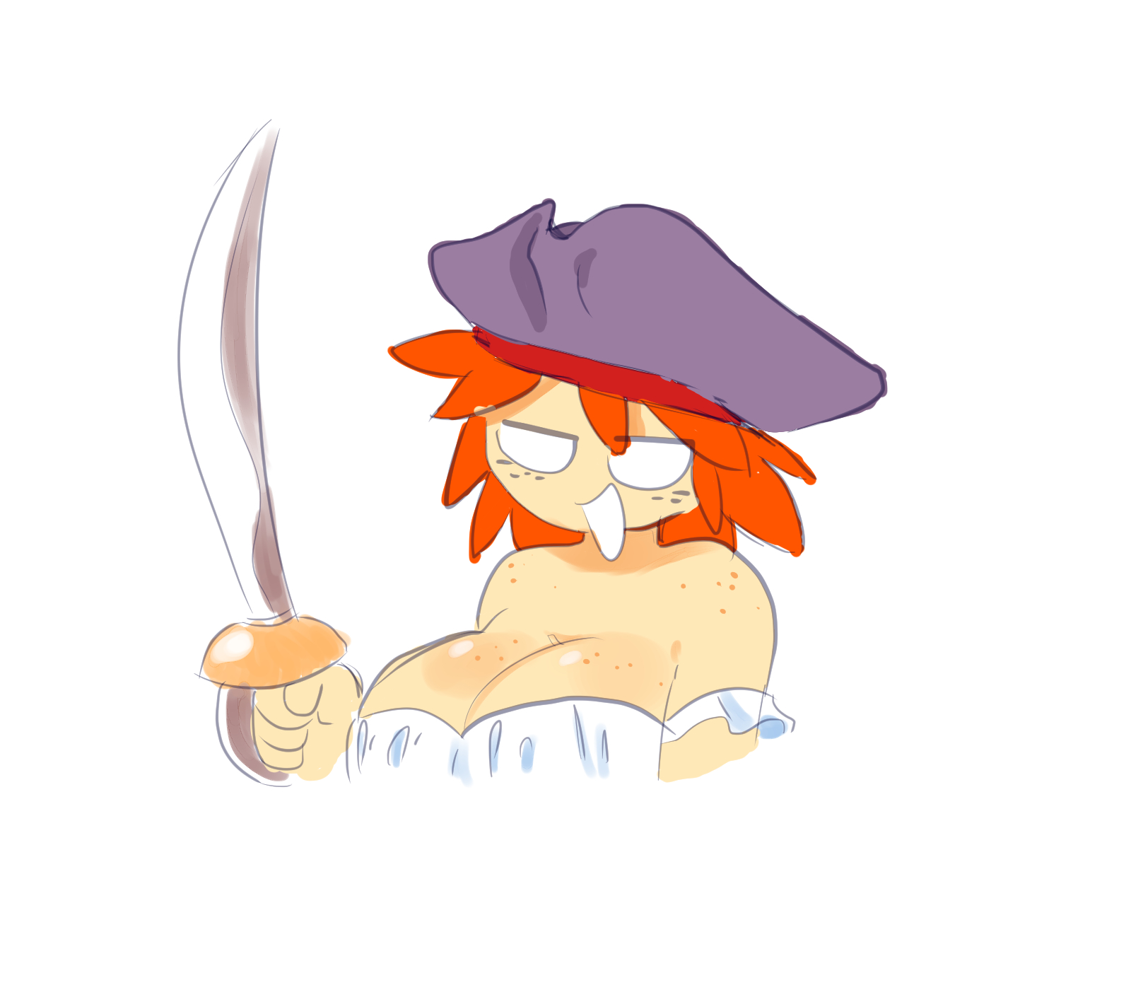 1girls, beige body, beige skin, big breasts, black hat, breasts, female, female focus, female only, focus, freckles, freckles on breasts, freckles on face, freckles on shoulders, girl focus, girl solo, happy, happy expression, happy female, hat, holding sword, light body, light skin, light-skinned female, mango quaver (female), och, orange hair, original, original character, pirate hat, pirate outfit, quavernsfw, solo, solo female, solo focus, solo girl, solo woman, sword, tagme, white background, white eyes, white shirt, white topwear, woman, woman focus, woman only, woman solo