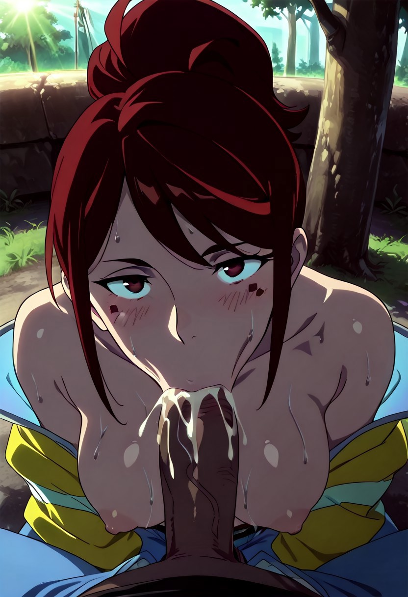 ai generated, akaz123, blowjob, blowjob face, blowjob pov, blush, breasts, brown penis, cock hungry, cum dripping from mouth, cum in mouth, cyberpunk 2077, cyberpunk: edgerunners, dark-skinned male, drooling, duo, female, gloria martinez (edgerunners), horny female, intense blowjob, large breasts, large penis, looking at viewer, male, maroon eyes, maroon hair, penis, penis awe, pov, steaming body, steamy breath, sweaty breasts, thick penis, vacuum blowjob, vacuum fellatio, veiny penis