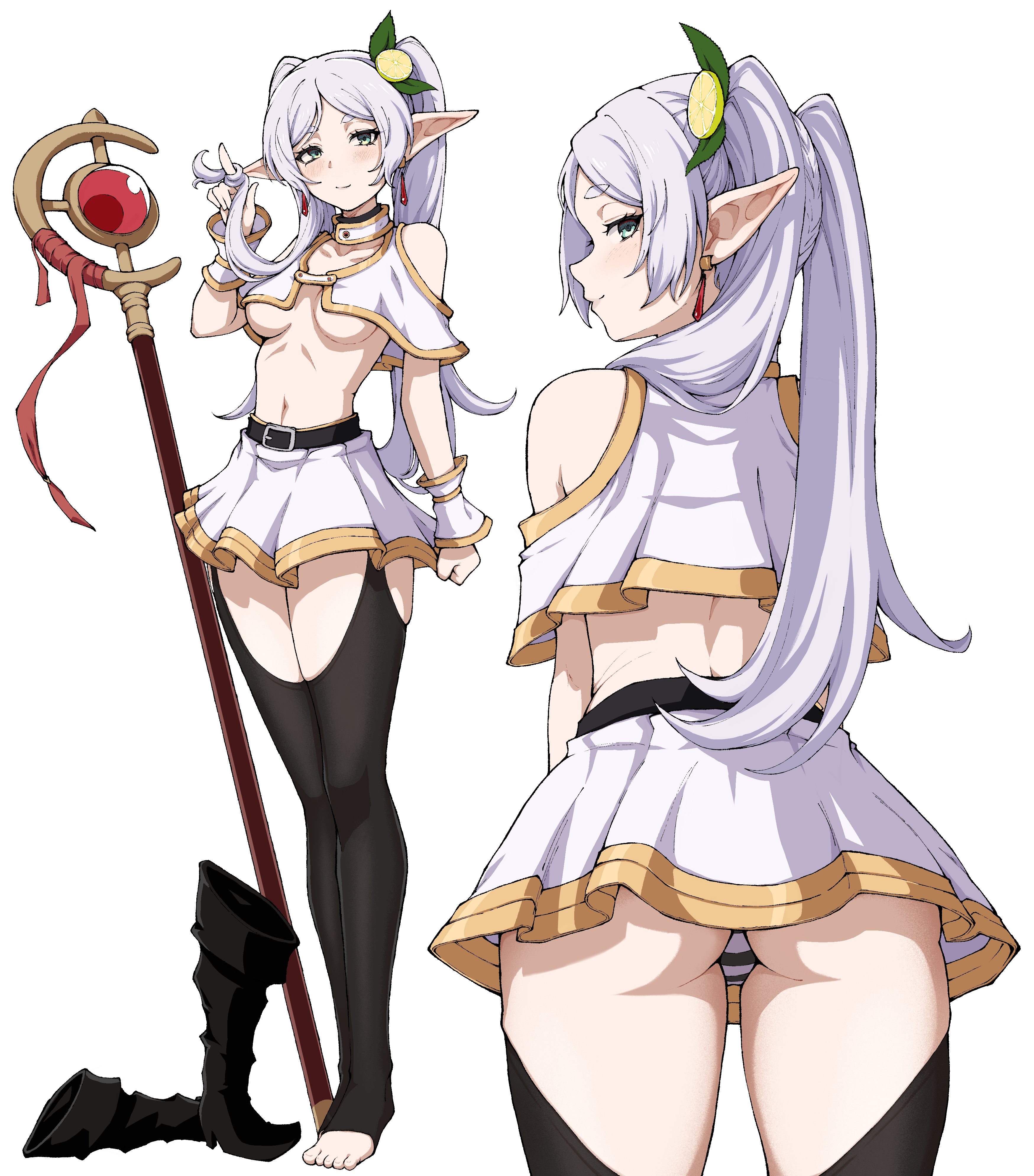 1girls, ass, bare midriff, belt, breasts, elf, elf ears, elf female, female, female focus, female only, frieren, kekel, light skin, light-skinned female, looking at viewer, midriff, miniskirt, panties, revealing clothes, simple background, skimpy clothes, skirt, solo, sousou no frieren, stockings, thighhighs, thighs, underboob