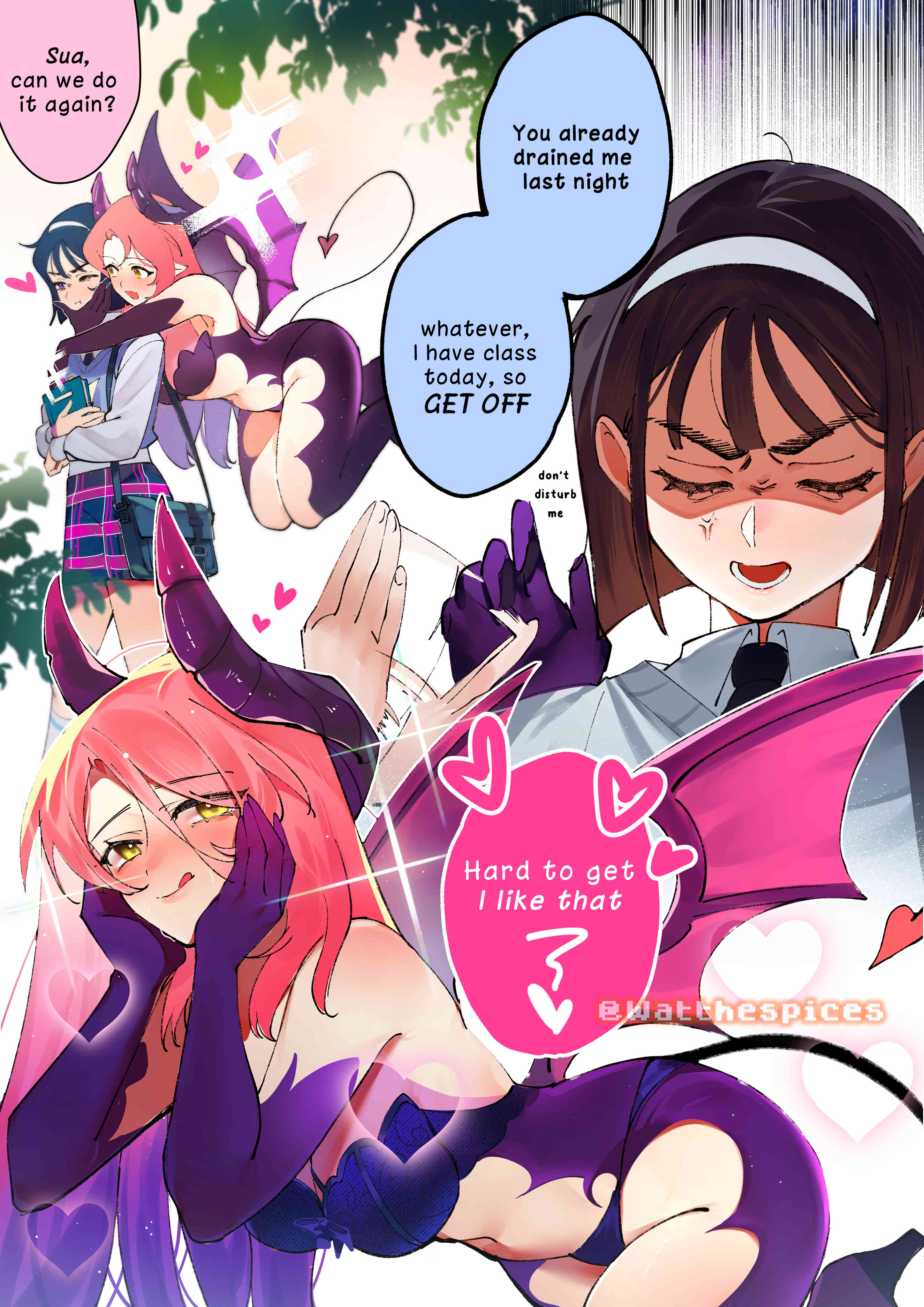 :q, 2girls, absurdres, alien stage, alt text, anger vein, black hair, black necktie, blue skirt, blue sweater vest, bob cut, closed eyes, collared shirt, comic, commentary, demon girl, demon horns, demon tail, dress, english commentary, english text, female, floating, gloves, gradient hair, hairband, hands on own face, heart, highres, horns, hug, hug from behind, leaning forward, long hair, mizi (alien stage), multicolored hair, multiple females, multiple girls, necktie, pencil skirt, pink hair, plaid clothes, plaid skirt, purple dress, purple gloves, purple hair, purple horns, shirt, short hair, skirt, sua (alien stage), succubus, sweater vest, tail, tongue, tongue out, two-tone hair, very long hair, watthespices, white hairband, white shirt, yellow eyes, yuri