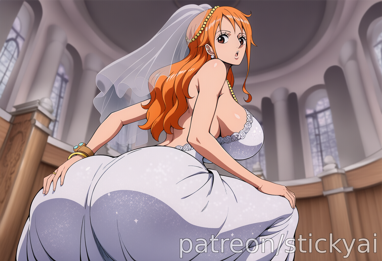 1girls, ai generated, anime, ass, big ass, breasts, bride, dress, eyes, female, female only, fit, nami (one piece), one piece, orange hair, stickyai, wedding, wedding dress