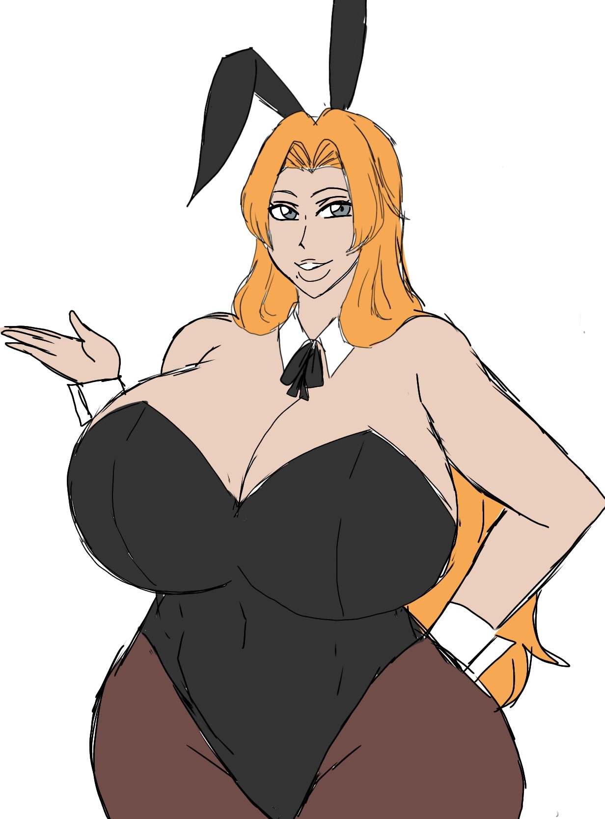 1girls, 2d, 2d (artwork), 2d artwork, alternate body type, alternate breast size, alternate costume, bare shoulders, beauty mark, beauty mark under mouth, big breasts, bleach, blue eyes, blue-eyed female, breasts bigger than head, bunny ears, bunny girl, bunnysuit, busty, busty female, curvy, curvy body, curvy female, curvy figure, digital drawing (artwork), digital media (artwork), fake animal ears, female, female only, giant breasts, hand behind ass, hips, huge breasts, leotard, light-skinned female, long hair, long-haired female, looking at viewer, matsumoto rangiku, mole (marking), mole under mouth, momiji (artist), non-nude, orange hair, orange-haired female, pantyhose, playboy bunny, playboy bunny costume, playboy bunny leotard, simple background, smile, solo, solo female, strapless leotard, upper body, white background, wide hips