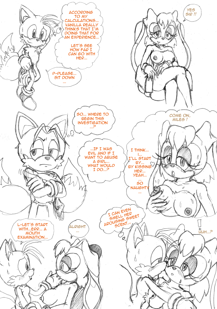 anthro breasts canine color english_text female feral fox fur furry male nipples nude partially_colored rabbit sitting size_difference sketch sonic_(series) straight tagme tails text vanilla_the_rabbit zerbukii