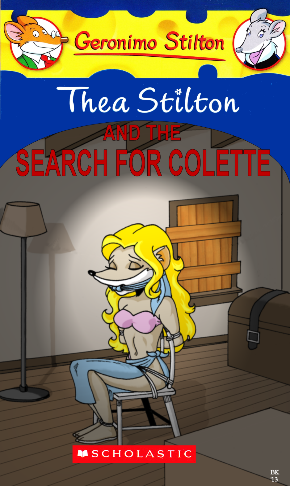 abducted arms_behind_back arms_tied bondage book_cover_parody bra chair closed_eyes colette_(thea_sisters) furry gag gagged geronimo_stilton_(series) grouchom kidnapped rope thea_sisters thea_stilton tied