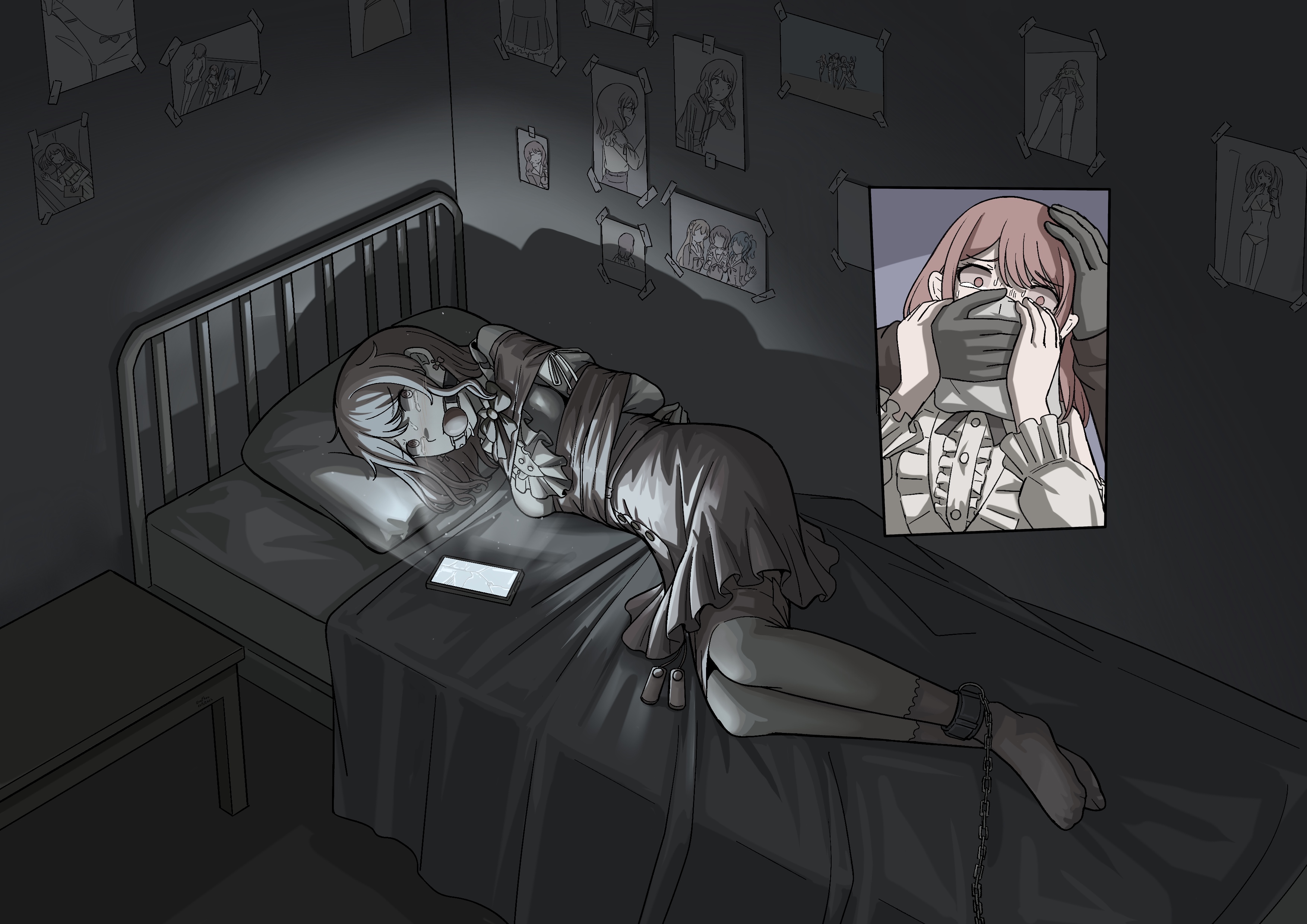1boy, 1girls, absurd res, absurdres, alternate version available, arms behind back, ass, ball gag, bang dream!, bed, bedroom, before and after, big ass, blush, bondage, bound, bound ankles, bound arms, bound legs, bowtie, bra, breasts, broken phone, broken screen, candid, cellphone, chained, chained ankles, chained to bed, chains, chloroform, cleavage, cloth over mouth, clothing, constricted pupils, crying, crying with eyes open, dark room, dim lighting, egg vibrator, female, female focus, femsub, forced, fully clothed, gag, gagged, grafhou, hand over another's mouth, head grab, helpless, hi res, high resolution, highres, imminent rape, imminent sex, indoors, kidnapped, kidnapping, large ass, light-skinned female, long hair, male, maledom, maruyama aya, on bed, panties, peeping, phone, photo, photo (object), photo stalker wall, pink eyes, pink hair, restrained, restrained arms, restrained legs, scared, scared expression, sex slave, shirt, skirt, small breasts, socks, stalker, tape, tape bondage, tears, terrified, tied hair, tied to bed, twintails, underwear, upskirt, vibrator, vibrator in pussy, vibrator under clothes, white shirt, worried, worried expression