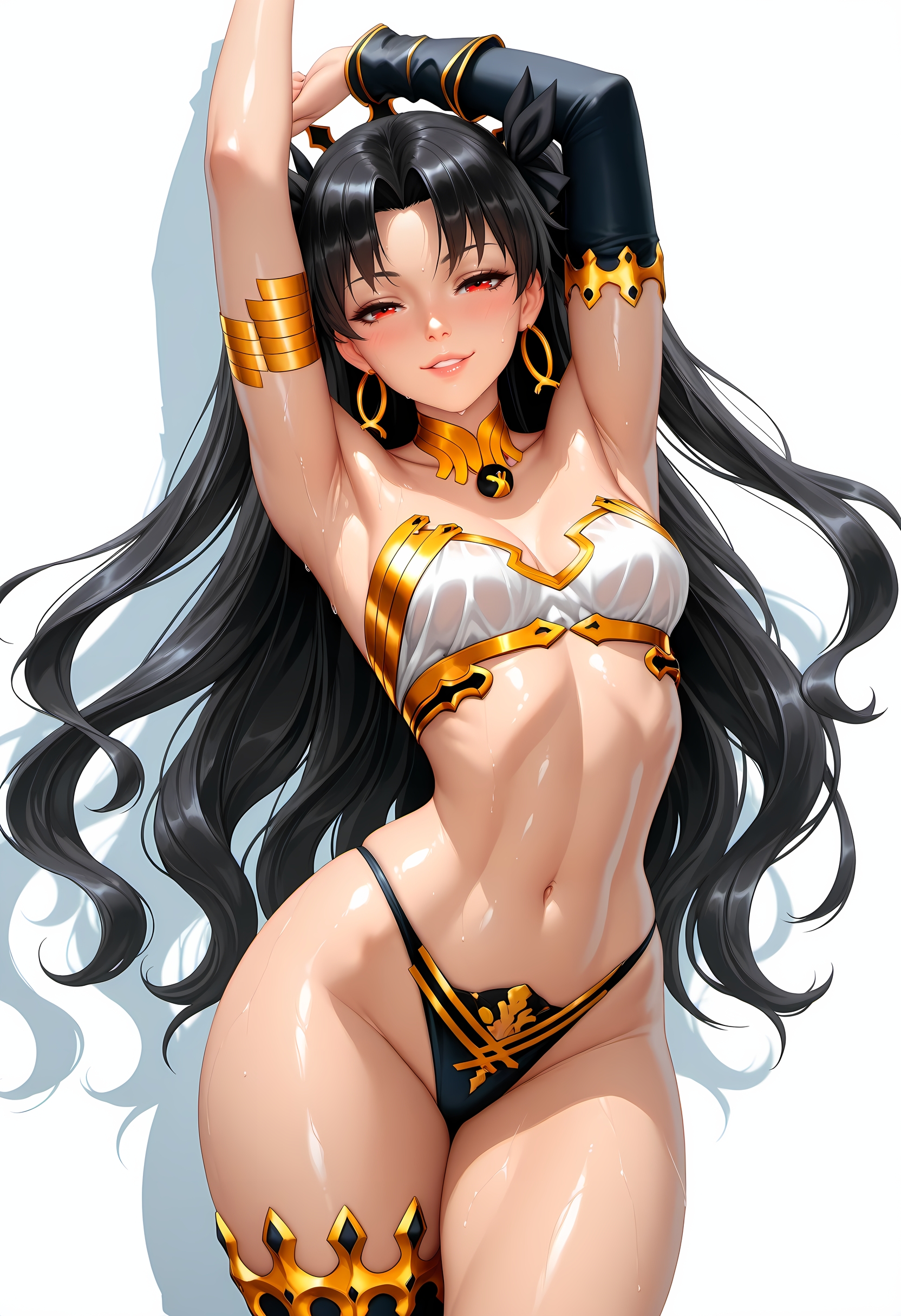 ai generated, armlet, armpits, arms up, asymmetrical legwear, asymmetrical sleeves, bangs, bare shoulders, bikini, black bikini, black bow, black hair, blush, bow, breasts, cleavage, cowboy shot, detached collar, detached sleeves, earrings, fate (series), fate/grand order, female, gold trim, groin, hair ribbon, hairbow, high resolution, highleg, highleg bikini, highres, hoop earrings, ishtar (fate), jewelry, lips, long hair, looking at viewer, medium breasts, mismatched bikini, navel, neck ring, parted bangs, parted lips, red eyes, ribbon, shiny, shiny skin, single detached sleeve, single thighhigh, smile, solo, stable diffusion, stomach, sweat, swimsuit, thighhighs, thighs, tiara, two side up, uneven legwear, uneven sleeves, waifuscans418, wet, white bikini