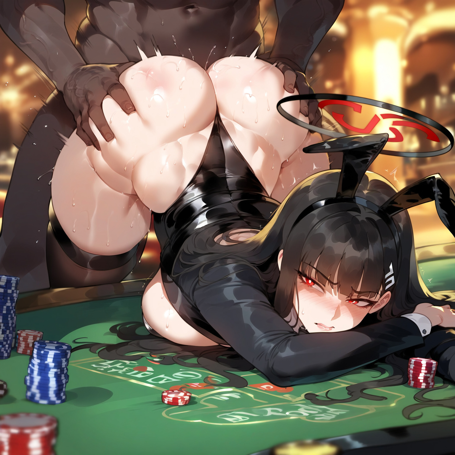 1boy, 1girls, ai generated, alternate costume, animal ears, ass, ass grab, bent over, black hair, black leotard, blue archive, blush, breast press, breasts, bright pupils, bunny ears, bunny girl, bunnysuit, casino, clothed female nude male, clothed sex, clothing, curvaceous, curvaceous female, curvaceous figure, curvy, curvy figure, dark skin, dark-skinned male, doggy style, fake animal ears, female, female focus, grabbing another's ass, groping, hair ornament, hairclip, halo, highleg, highleg leotard, huge ass, interracial, large breasts, legwear, leotard, leotard aside, long hair, long sleeves, male, miyuai, muscular, nude, on table, playboy bunny, poker chip, rabbit ears, red eyes, rio (blue archive), sex, sex from behind, solo focus, straight, sweat, table, taken from behind, thick thighs, thighhighs, thighs, thong leotard, top-down bottom-up, tsukatsuki rio, voluptuous, voluptuous female, white pupils