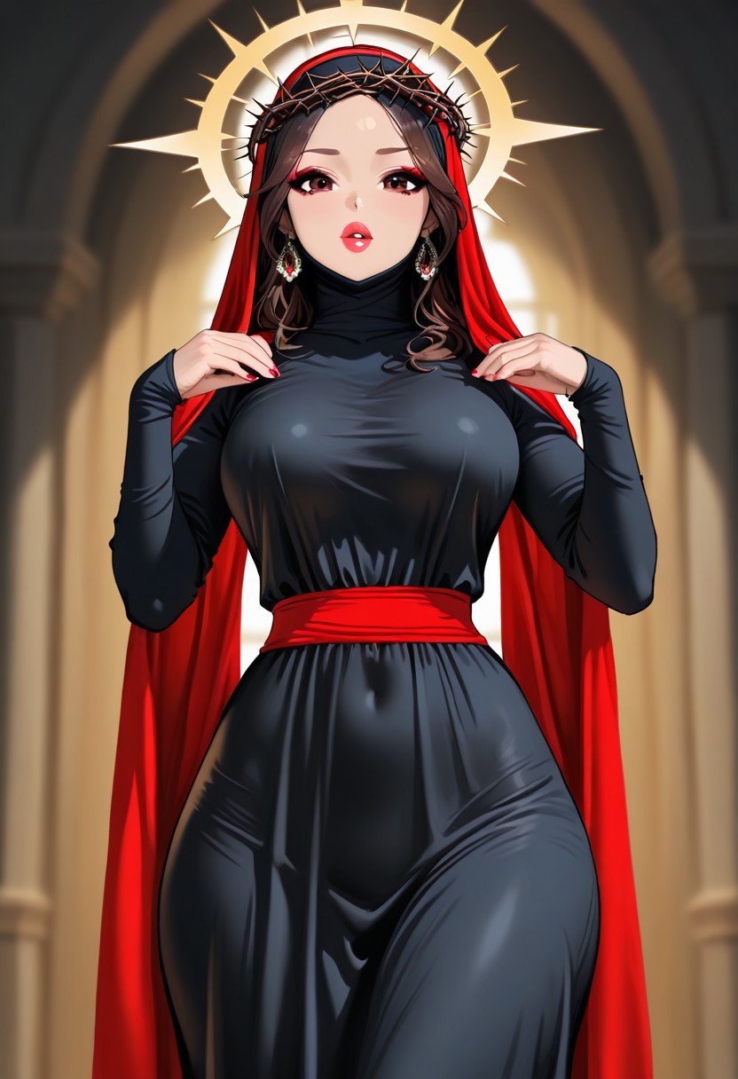 abaya, ai generated, bible, bimbo, christianity, crown of thorns, dress, female, female focus, female jesus, female only, genderswap (mtf), halo, hijab, islam, jesus christ, muslim, muslim female, religion, rule 63
