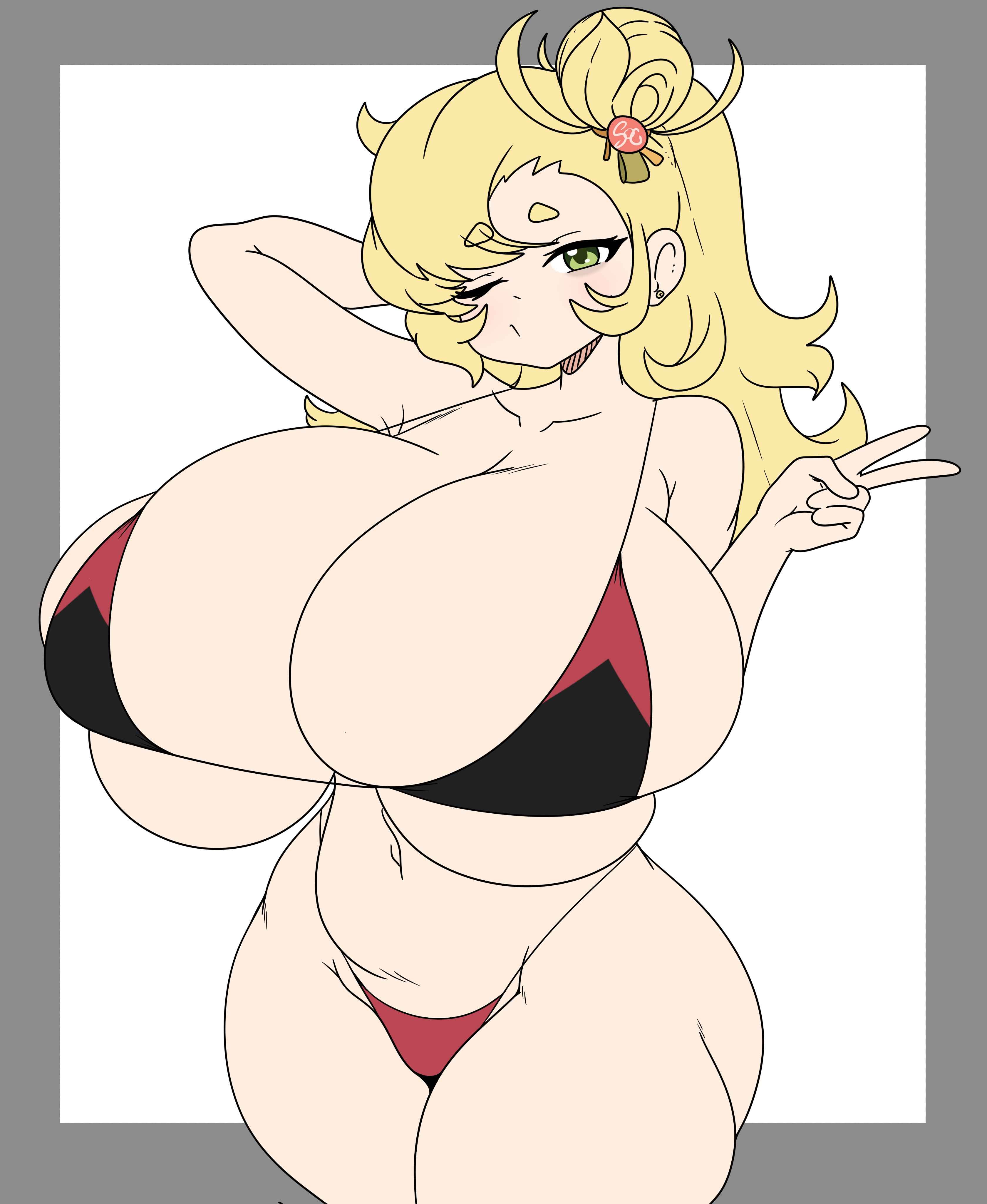 1girls, alternate body type, alternate breast size, bikini, breasts, curvy, female, gigantic breasts, huge breasts, inakotho, one eye closed, piper wheel, tagme, thick thighs, v, wide hips, zenless zone zero
