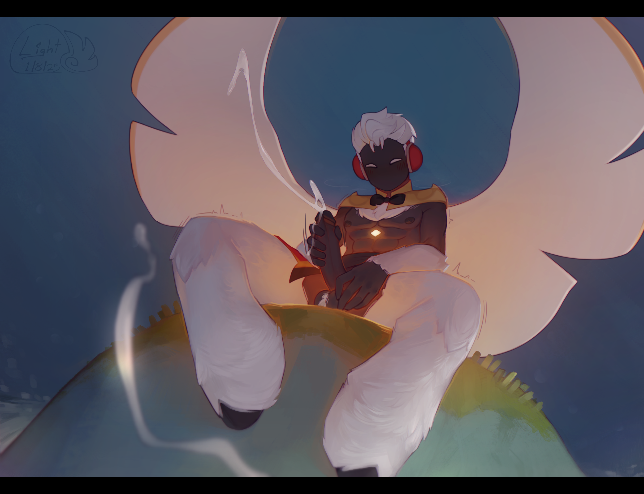 1boy, black body, blush, blush lines, bow tie, bowtie, cum, detatched collar, ejaculation, from below, glowing body, headphones, hi res, hooves, letterbox, letterboxed, lightwing01, low-angle view, male, male only, masturbation, self upload, sky children of the light, sky: children of the light, solo male, spread legs, spreading, thatgamecompany, white fur, white hair, wings